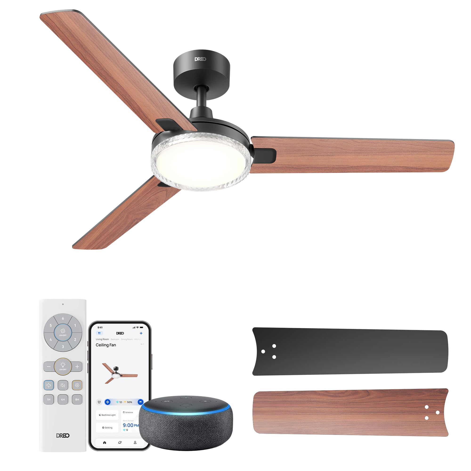 Dreo Smart Ceiling Fans with Lights, 52 Inch Black Ceiling Fan, 12 Speeds & 3 Fan Modes, Stepless Color Tones, Dimmable LED Ligh