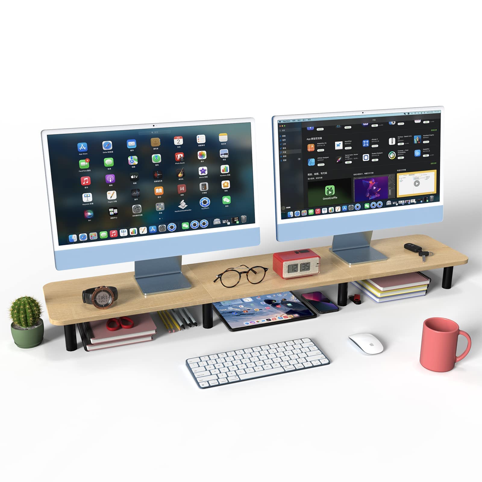 Wegastu Large Extra Long Monitor Stand Riser 43.7In ,Dual Monitor Riser , Wide Tv Stand For 2 Monitors, Wood & Steel Leg Adjusta