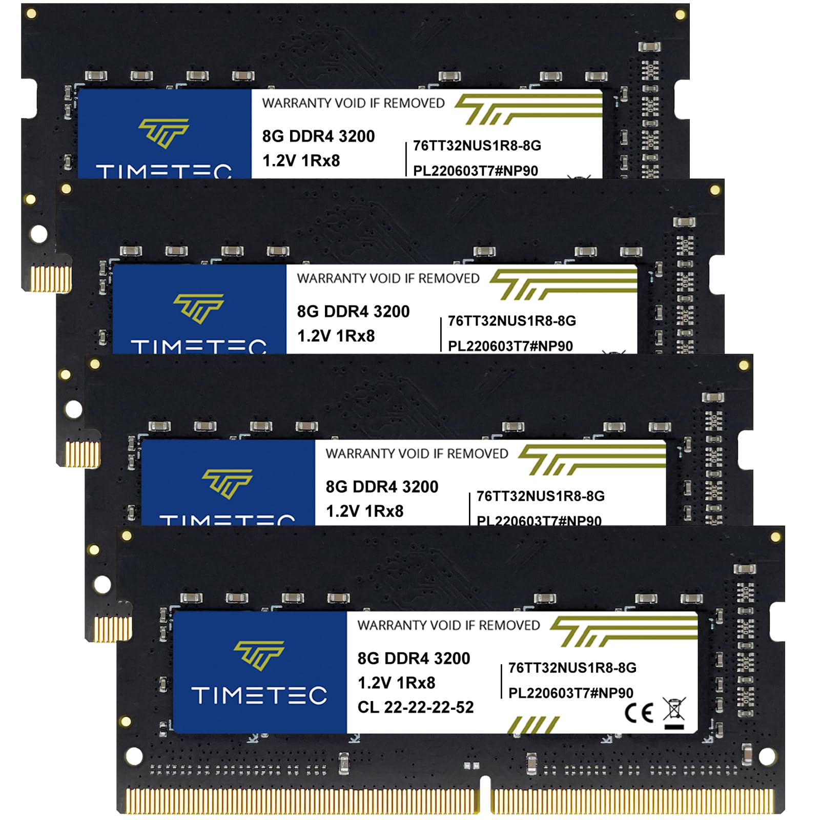 Timetec 32Gb Kit(4X8Gb) Ddr4 3200Mhz (Or 2933Mhz Or 2666Mhz) Pc4 25600 Non Ecc Unbuffered 1.2V Cl22 1Rx8 Single Rank 260 Pin Sod