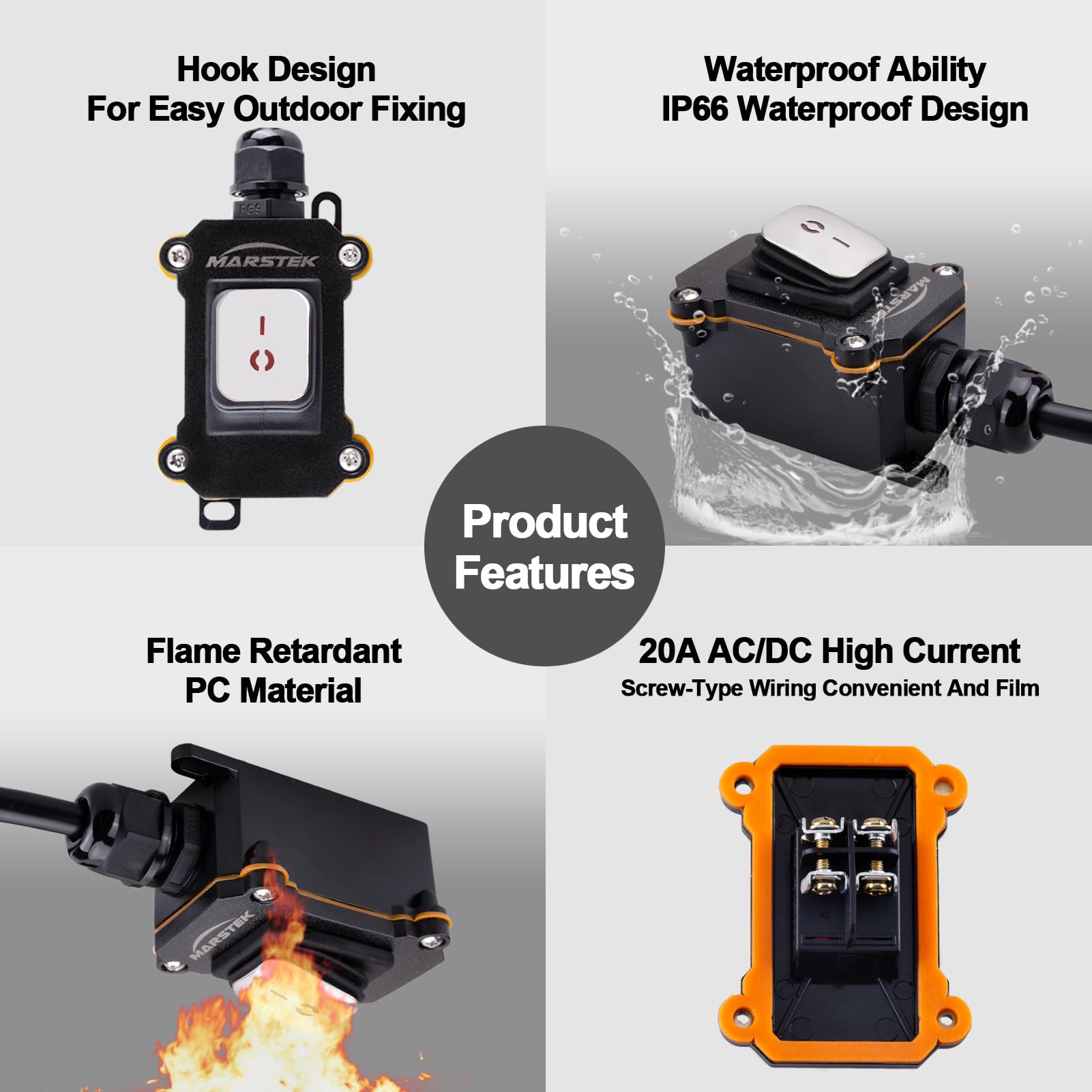 Marstek Heavy Duty Waterproof Extension Cord With On/Off Switch,Inline Cord Switch With 10 Ft 16Awg Cable Piggyback Plug(3 Prong