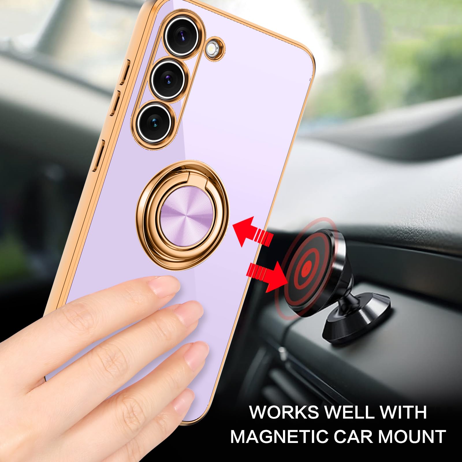 Bentoben For Samsung Galaxy S23 Case, 360 Ring Holder Kickstand Support Car Mount Elegant Plating Edge Slim Shockproof Soft Tpu