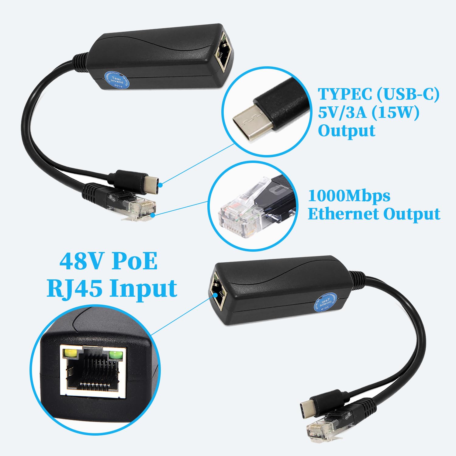 Revodata Type C Port Poe Splitter Gigabit 5V/3A, Poe To Usb C 5V/3A Output, Gigabit Ethernet Compatible With Ieee802.3Af/At, Plu