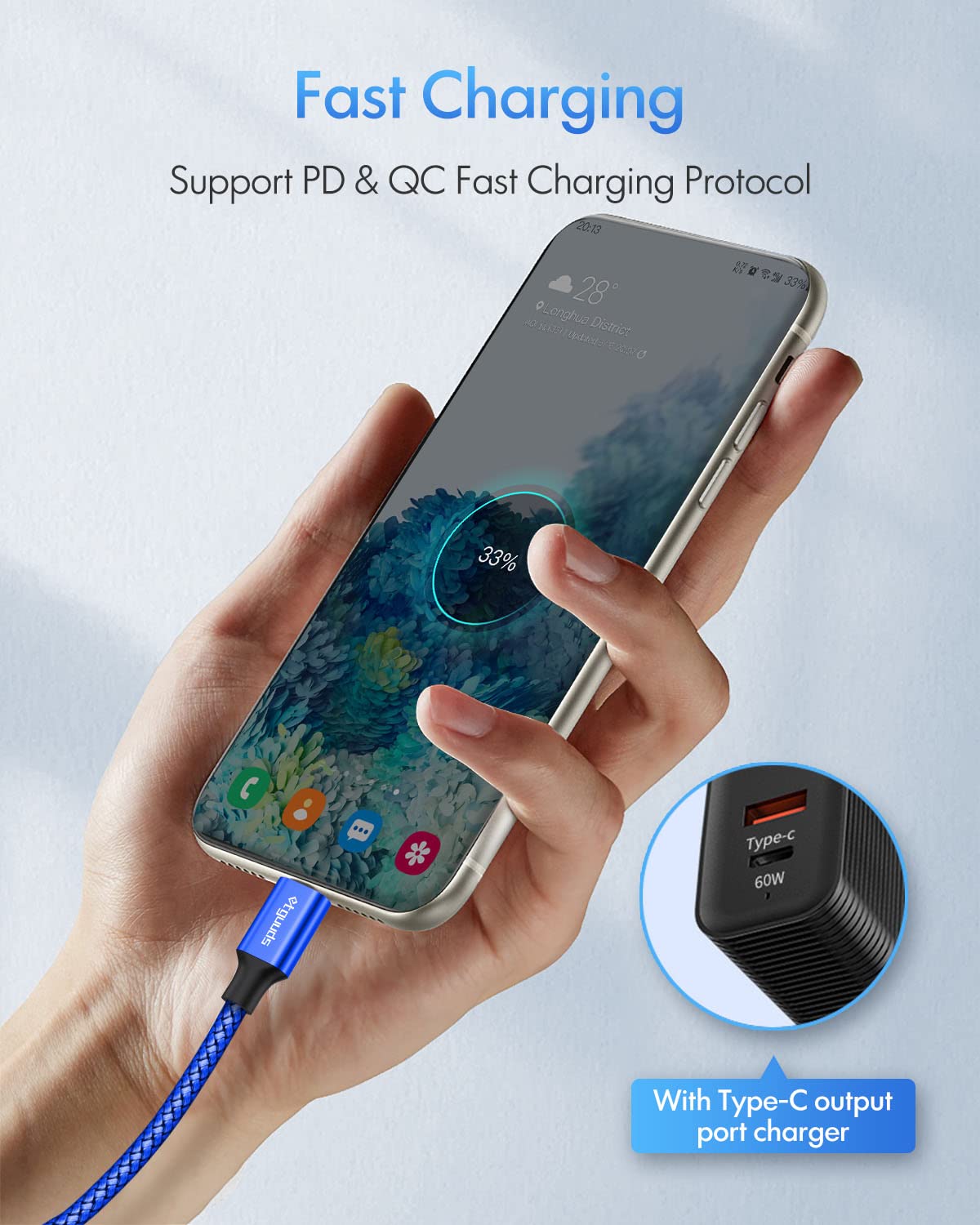 etguuds USB C to USB C Cable 60W Fast Charging Nylon Braided Blue 12ft