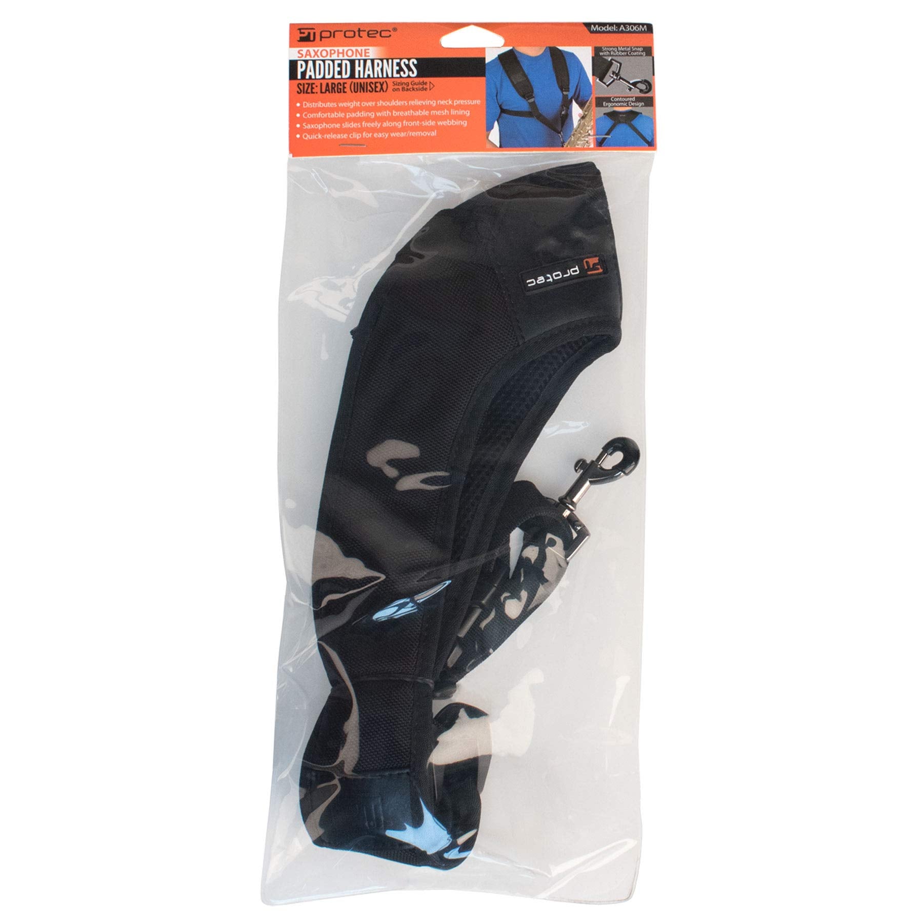 Pro Tec Saxophone Harness With Deluxe Metal Trigger Snap, Large, Model A306M, Black