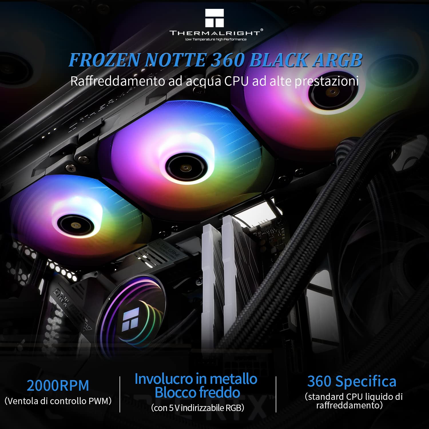 Thermalright Frozen Notte 360 Black ARGB V2 Water Cooling CPU Cooler, 3×120mm PWM Fans, Compatible with AMD/Intel LGA 1700/1150/115