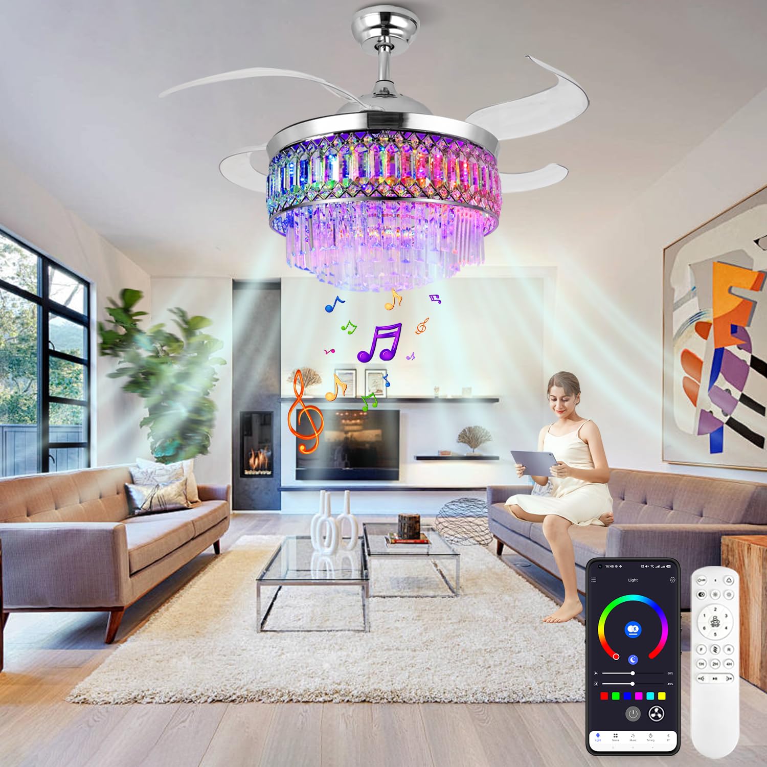 Retractable Crystal Ceiling Fan with Lights, Bluetooth Ceiling Fan with Speaker, 6-Speed Reversible Blades, RGB-LED Light, Remot
