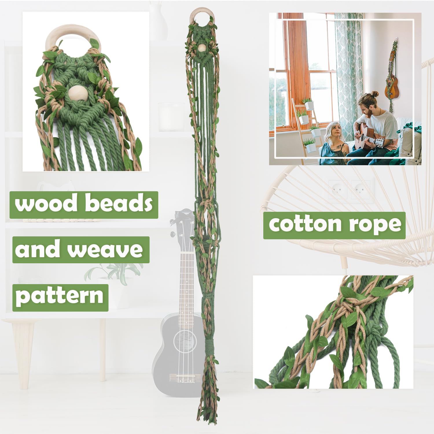 Macrame Ukulele Hanger Wall Mount - Handwoven Holder For Soprano Ukulele, Boho Wall Decor, Natural Cotton Rope With Protective P