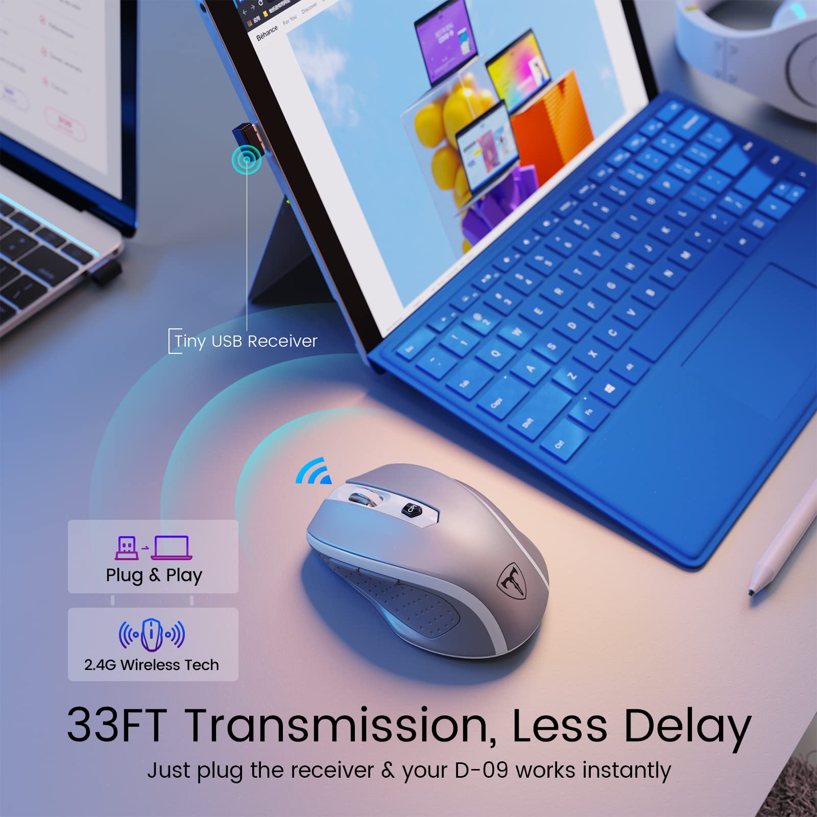 Hotweems D 09 Wireless Mouse For Laptop   Ergonomic Plus Computer Usb Cordless Mice, Ergo Grips, Lightspeed 5 Level 2400 Dpi, 16 Months Battery Life, Portable For Pc Mac Chromebook, 6 Button, Mithril