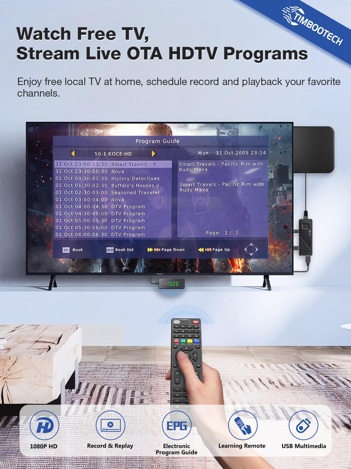 Timbootech Digital Converter Box For Tv, Play, Record & Pause Atsc Tv Tuner Stick, Support Usb Multimedia & Hard Drive, 1080P Hd