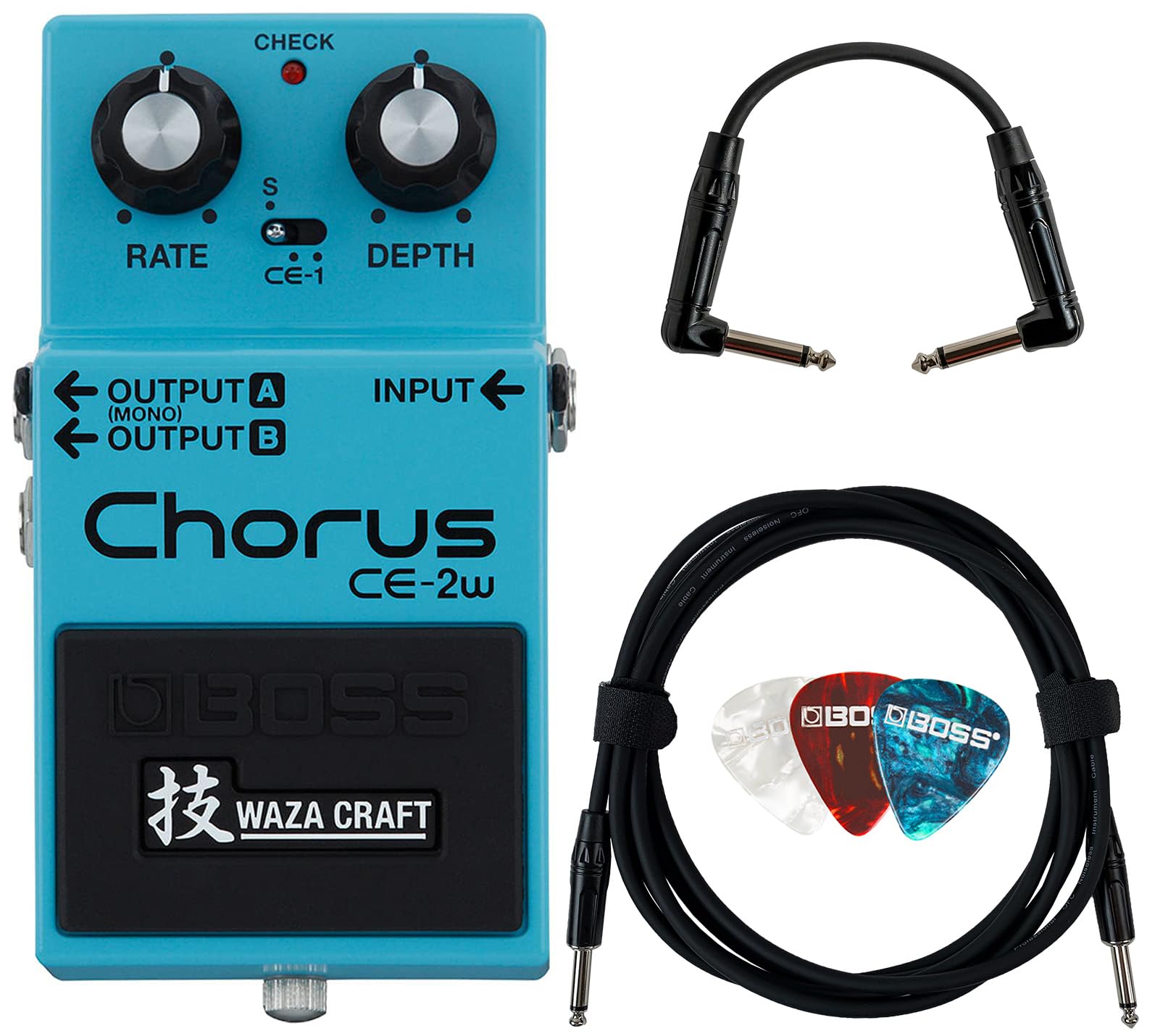 Boss Ce 2W Waza Craft Chorus Bundle With 10Ft Instrument Cable, 6In Patch Cable, And Picks
