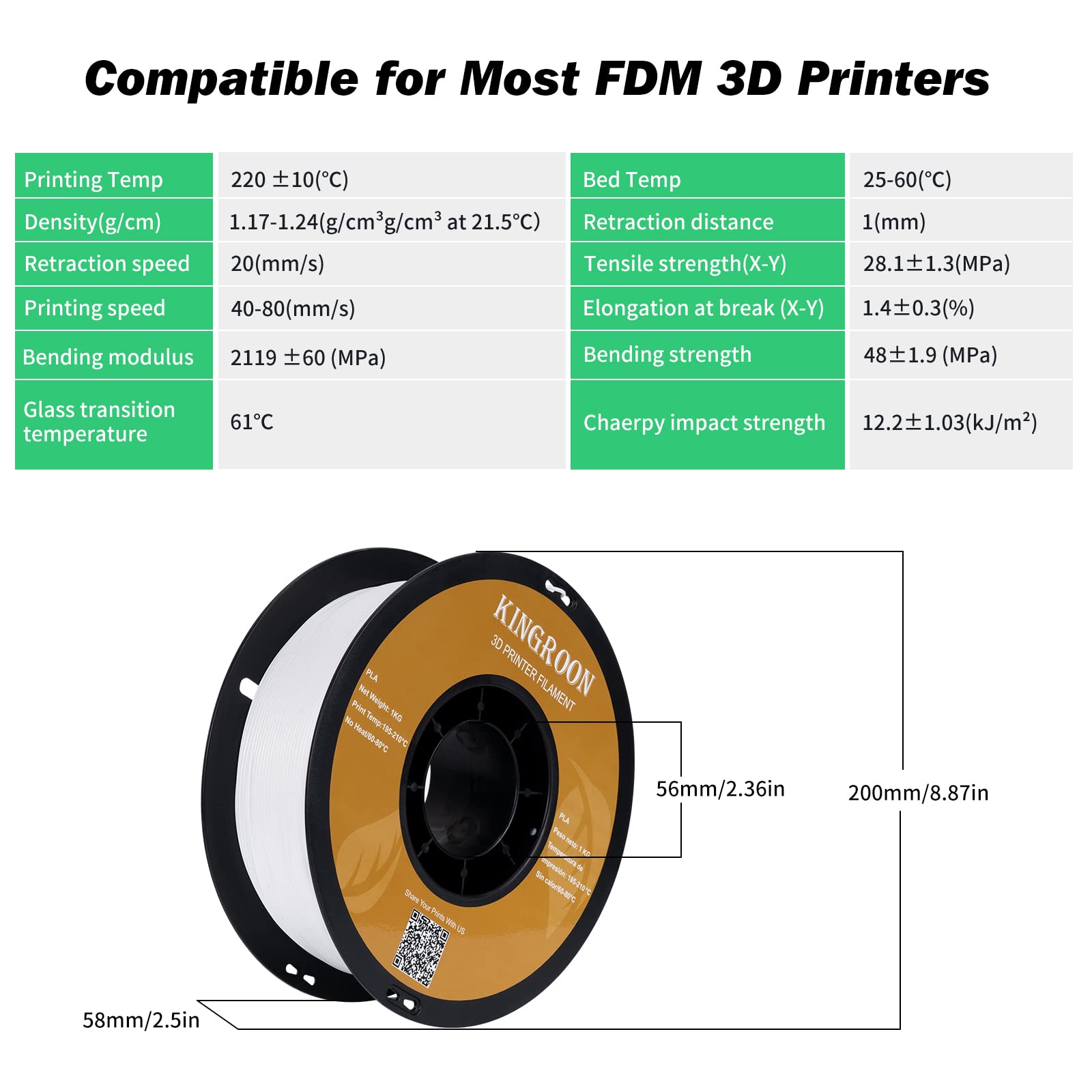 Kingroon Pla 3D Printer Filament, Dimensional Accuracy +/- 0.02 Mm, 1 Kg Spool(2.2Lbs), 1.75 Mm,2Kg White+Black