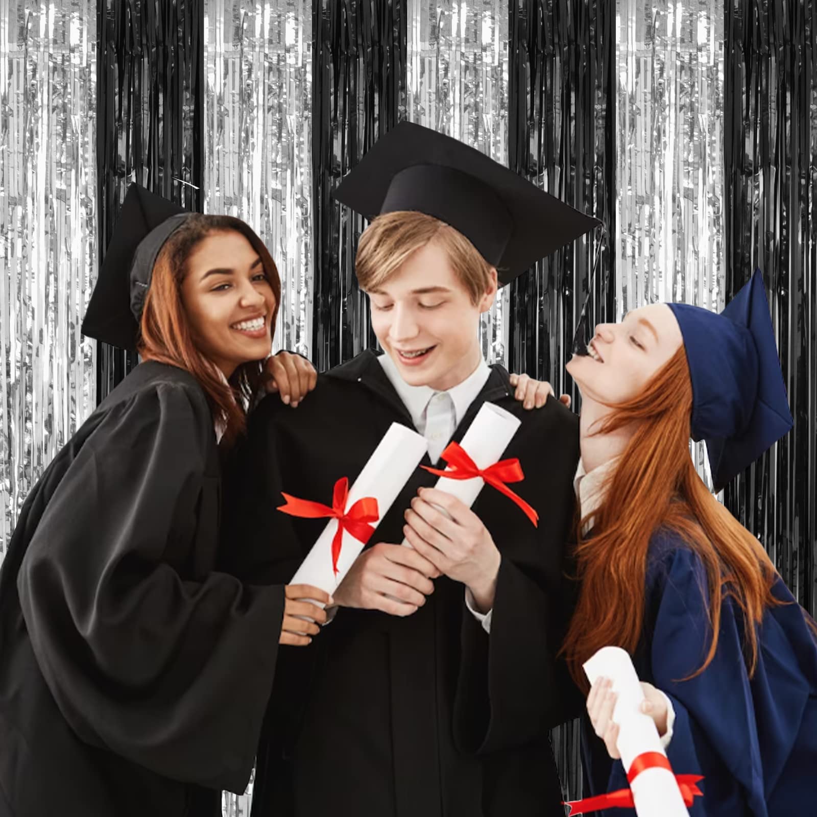 Pigetale, 2 Pack 3.2 X 8.2 Ft Black And Silver Foil Fringe Curtains Party Decorations, Sparkle Tinsel Curtain Photo Backdrop For