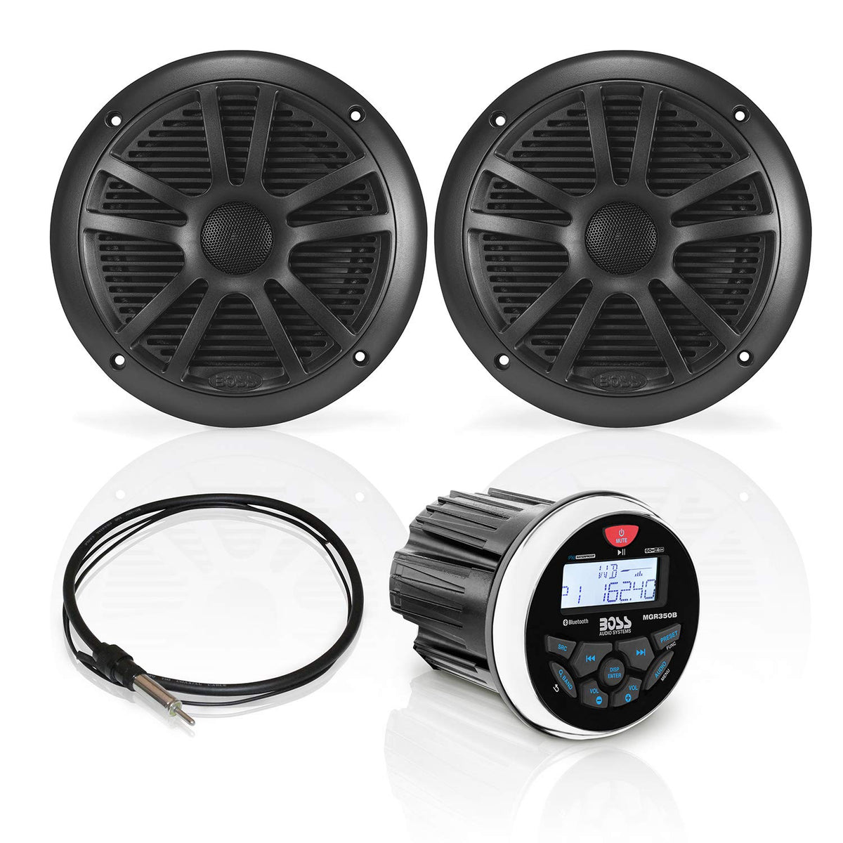 Boss Audio Systems Mckgb350B.6 Weatherproof Marine Gauge Receiver And Speaker Package - Ipx6 Receiver, 6.5 Inch Speakers, Blueto