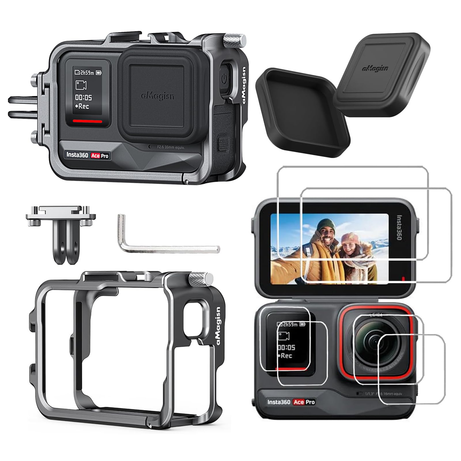 Rszfnjxry Aluminum Metal Frame Cage Case With Silicone Lens Cap And Screen Protector For Insta360 Ace Pro Camera Accessories Kit