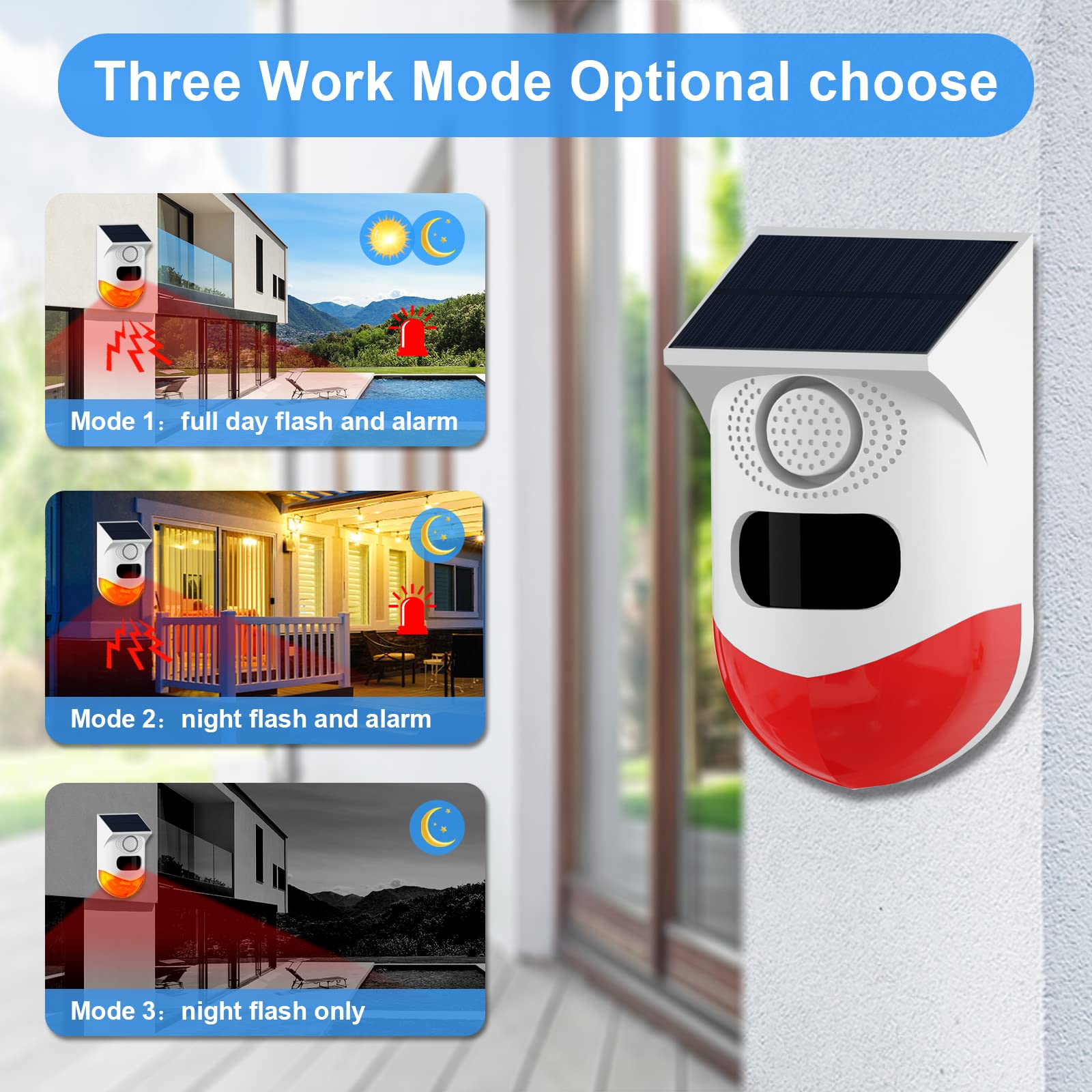 Solar Strobe Alarm Light With Motion Sensor Siren Outdoor Alarm Siren With Remote Controller 120Db Sound Security Siren Light Ip67 Waterproof And 4 Mode For Home,Farm,Barn,Villa,Yard(1Pack)