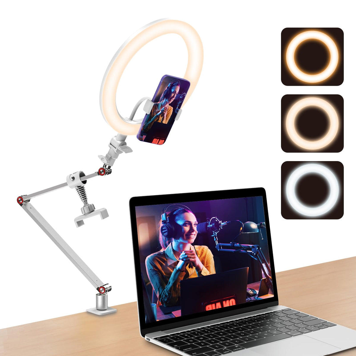 Usb 10' Ring Light For Desk With Stand And Phone Holder, Ring Light With Overhead Camera Mount And Adjustable Desk Arm Stand For