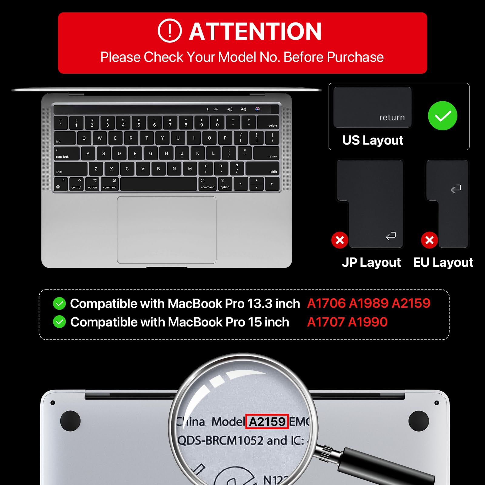 Soonjet Premium Ultra Thin Keyboard Cover Protector, Compatible With Macbook Pro With Touch Bar 13'' And 15'' (2016 2017 2018 20