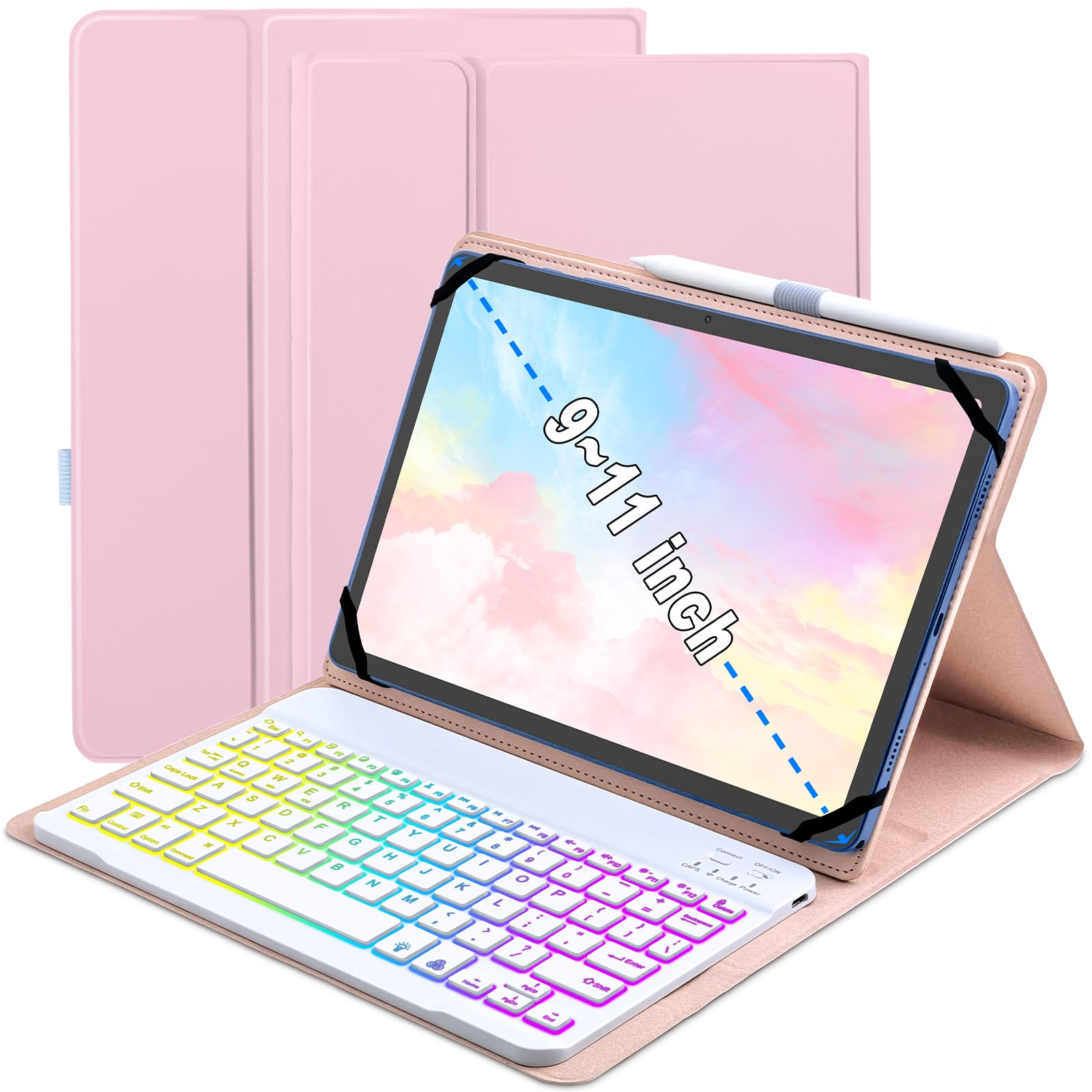 XCHYTECHER Universal Tablet Keyboard Case for 9.7,10.1,10.2,10.5,10.9,11 Tablets,7 Color Rainbow Backlit Removable Keypad with P