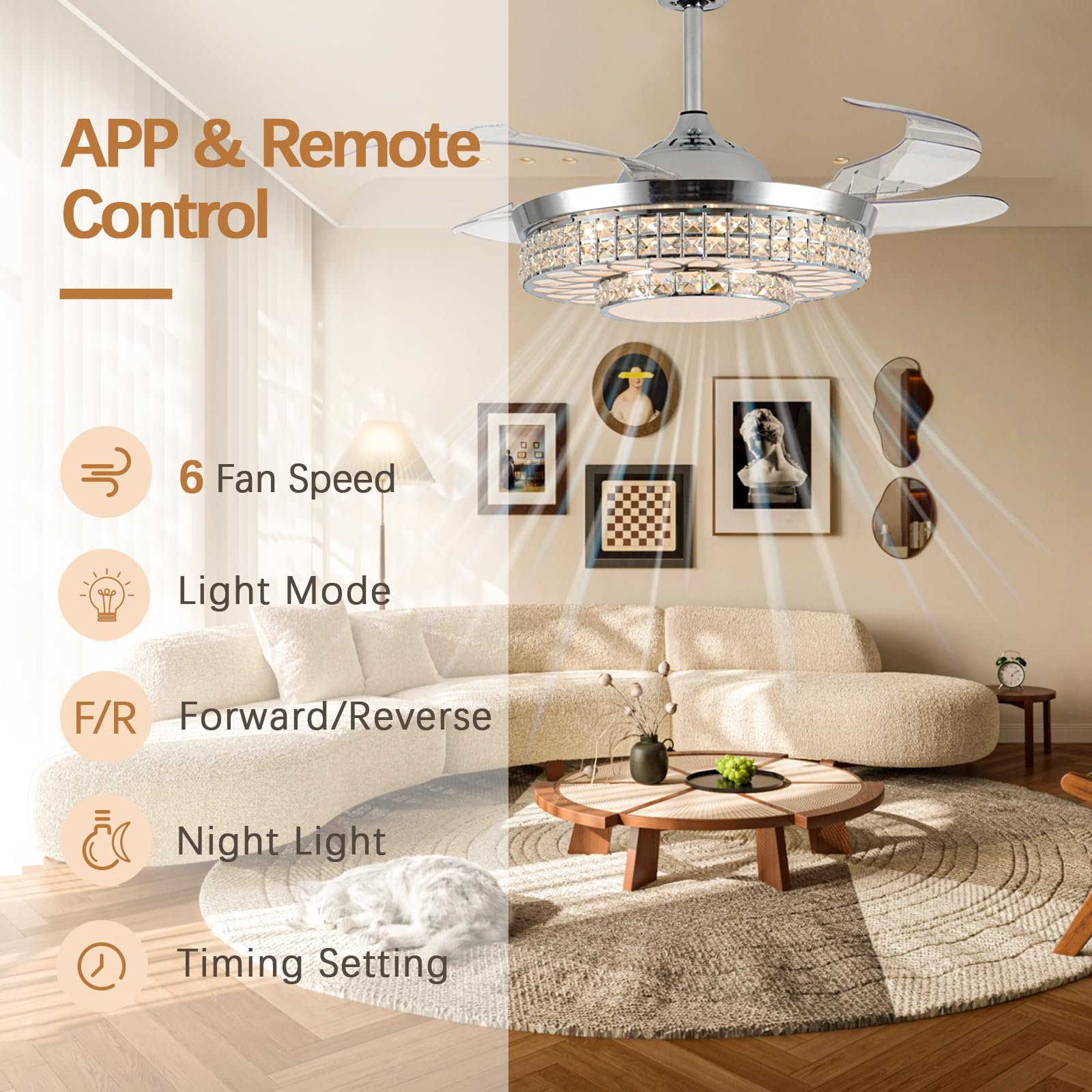 Samphon 42'' Retractable Ceiling Fans With Lights, Crystal Chandelier Ceiling Fan With Remote & App Control, Modern Dimmable Led