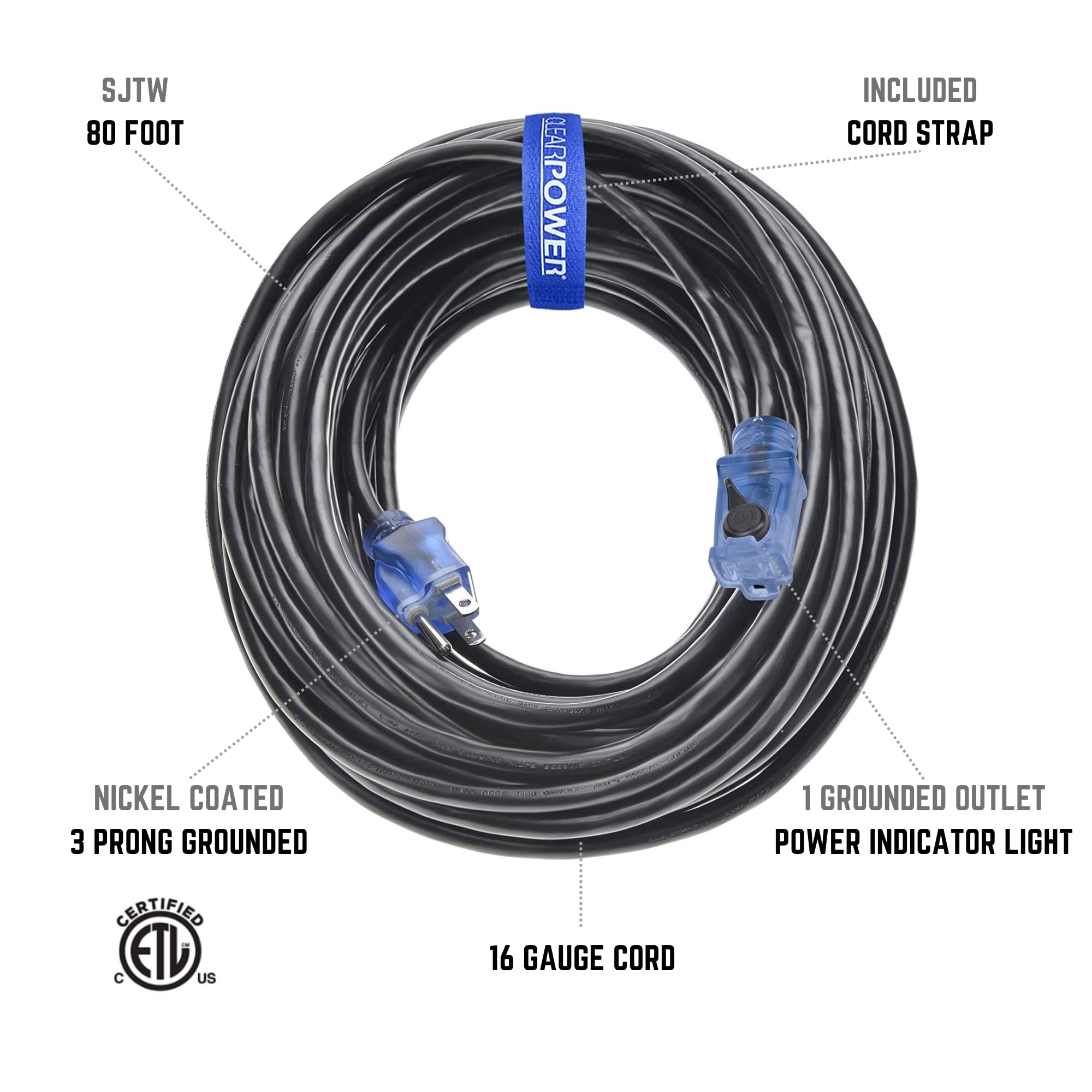 Clear Power 80 Ft Outdoor Extension Cord 16/3 Sjtw With Lighted Locking Connector, Black, Water & Weather Resistant, Flame Retardant, 3 Prong Grounded Plug, Cp10128