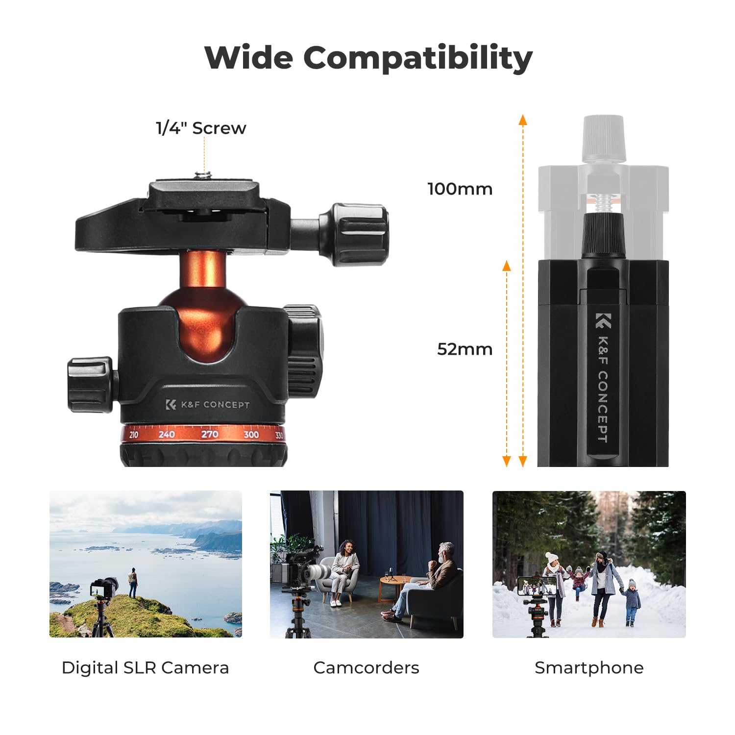 K&F Concept 70 Inch/178Cm Camera Tripod, Lightweight Travel Tripods For Camera With 360 Degree Ball Head Load Capacity 8Kg/17.6Lbs, Cellphone Clip For Smartphone Live Streaming Vlog K234A3+Bh 36
