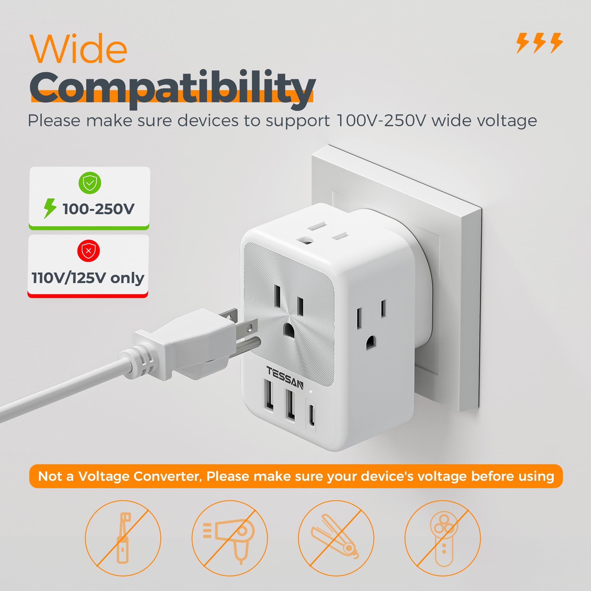Us To India Plug Adapter 2 Pack, Tessan Type D Travel Adapter With 4 Ac Outlets 3 Usb Ports (1 Usb C), 7 In 1 India Travel Plug