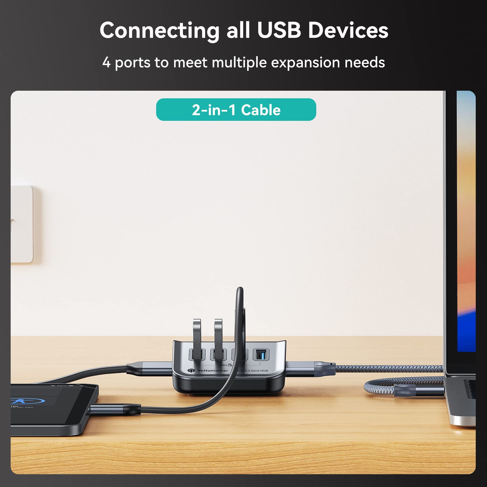 Yottamaster Usb 3.2 Hub 4 Ports, Type C To Usb 3.2 Gen2 10Gbps Data Hub With 4 Usb A, Powered Usb Hub 5V/2A With 1.6Ft Cable For