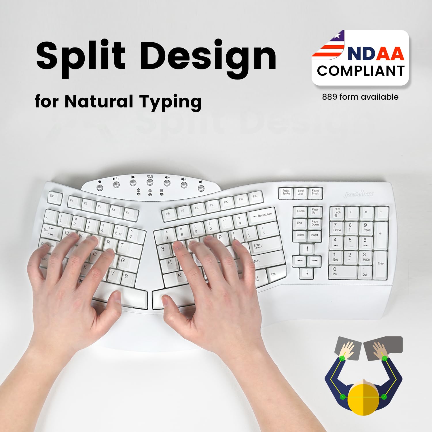 Perixx Periboard 612 Wireless Ergonomic Usb Split Keyboard, Us English Layout