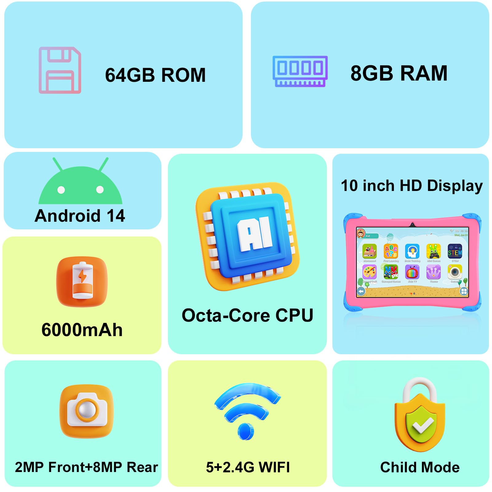 Fivahiva Kids Tablet, 10 Inch Android 14 Tablet For Kids 2 14 Ages, Octa Core, 8+64Gb(512Gb Expand), 6000Mah, Parental Controls,