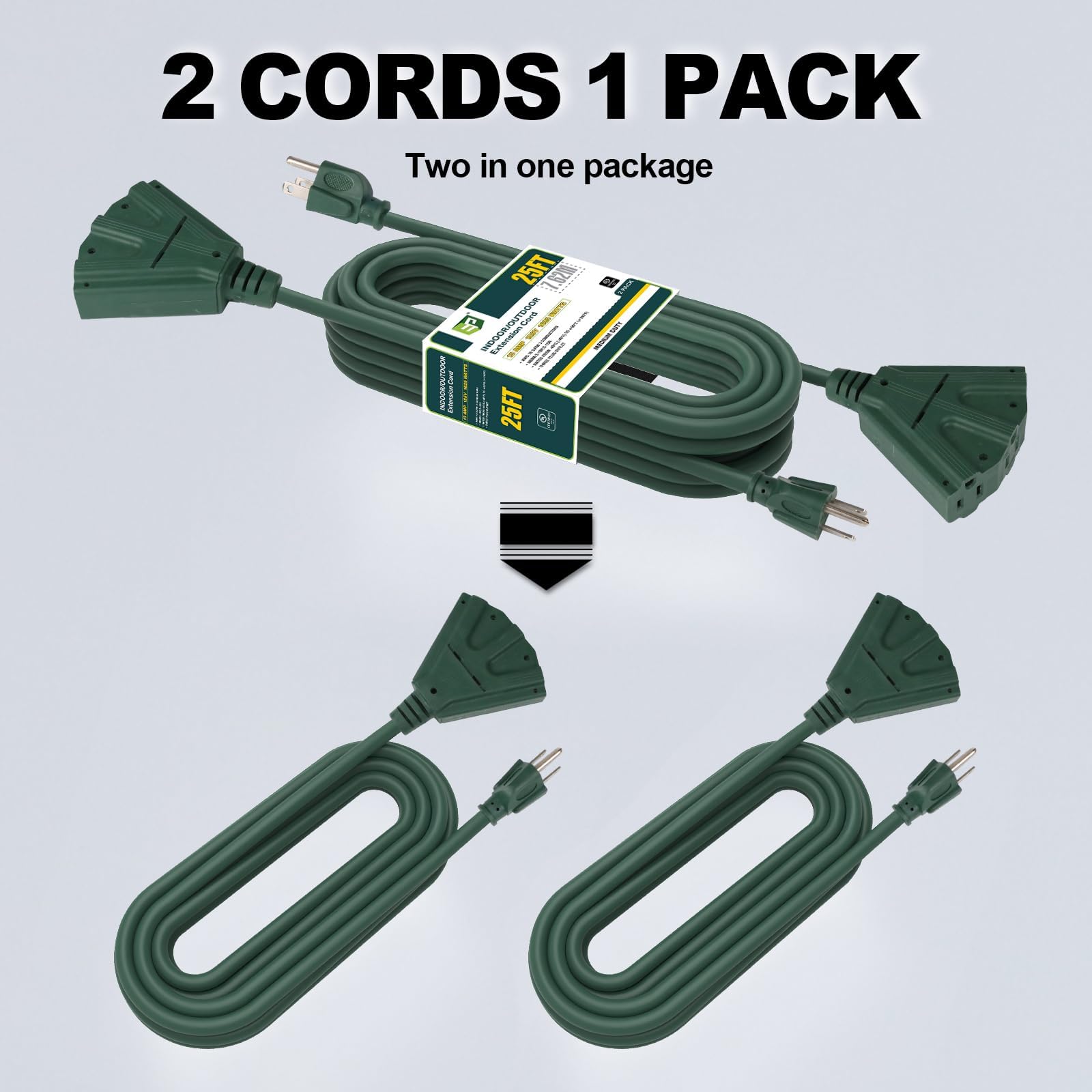 Ep 2 Pack 25 Ft Outdoor Extension Cord With 3 Electrical Power Outlets   16/3 Sjtw Green Cable With 3 Prong Grounded Plug For Sa