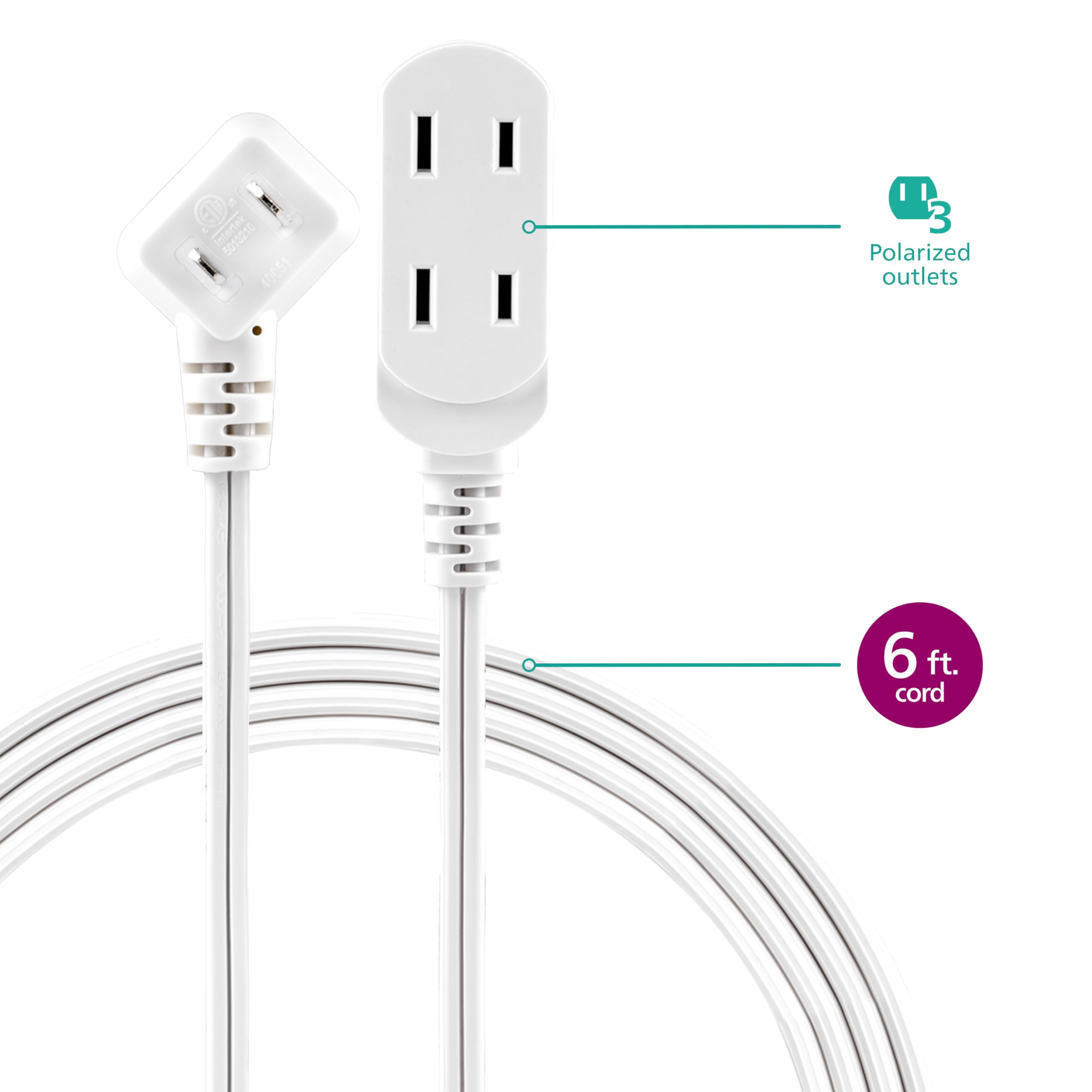 Philips 3 Outlet Flat Plug Extension Cord   6 Ft, Indoor Use, Safety Slide, 2 Prong White, Etl Listed Sps3613W/37