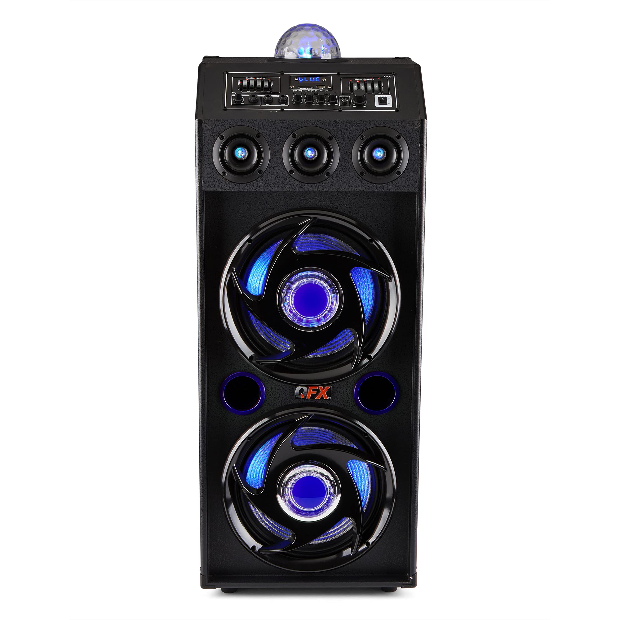 Qfx Sbx 412207Bt Tws Bluetooth Cabinet Speaker With Dual 12' Woofers, Led Party Lights, Fm Radio, Usb/Tf Card Ports, Aux Input, Blue