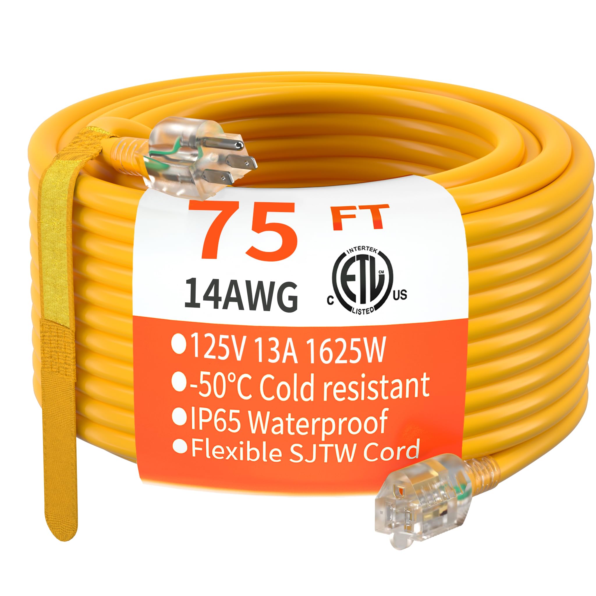 Huanchain 75 Ft 14/3 Gauge Heavy Duty Outdoor Extension Cord Waterproof With Lighted, Flexible Cold Weather 3 Prong Electric Cor