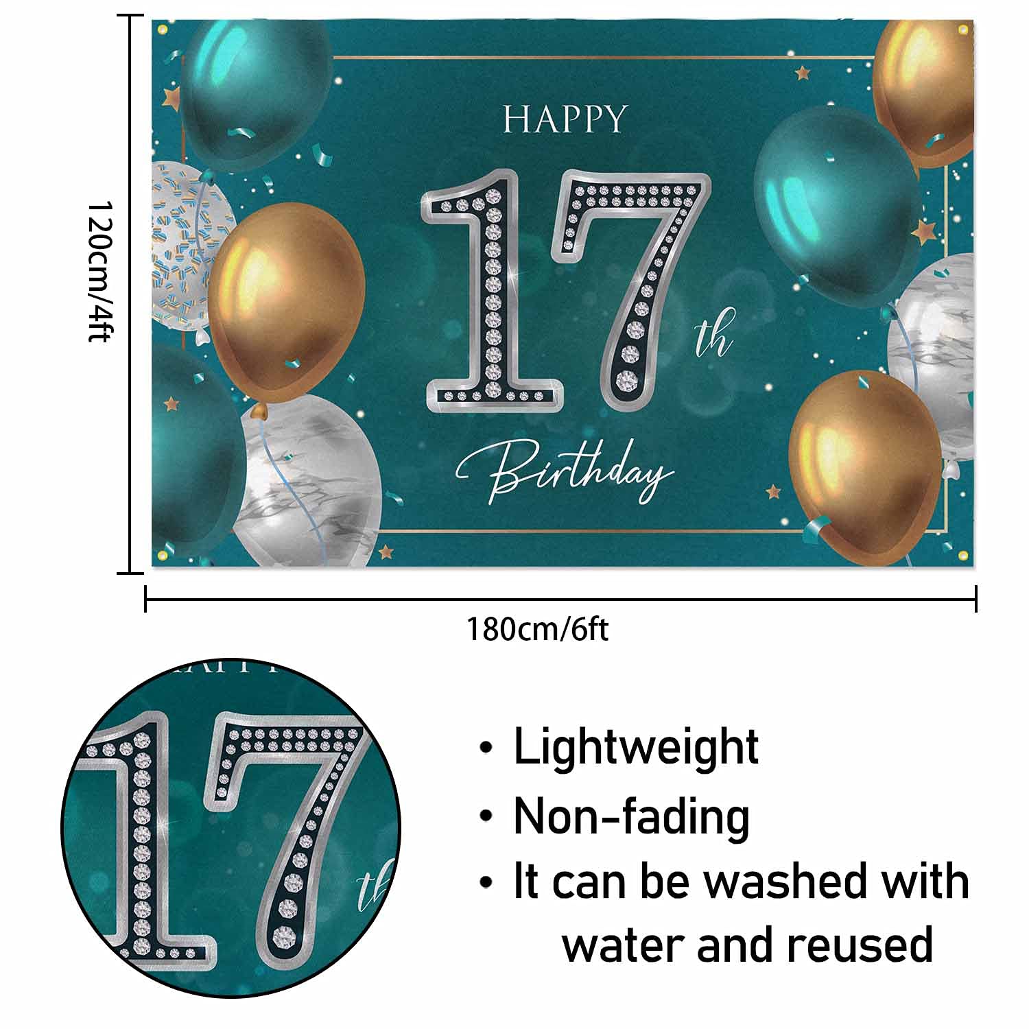 Hamigar 6X4Ft Happy 17Th Birthday Banner Backdrop   17 Years Old Birthday Decorations Party Supplies For Girls Boys   Green Silv