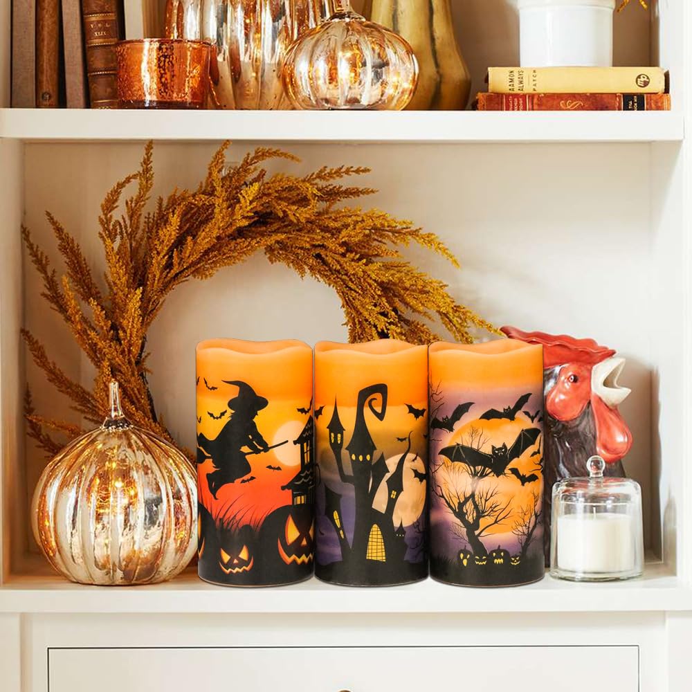 Wondise Halloween Flameless Flickering Candles With 6Hrs Timer, Battery Operated Candles With Halloween Decals Real Wax Led Pill