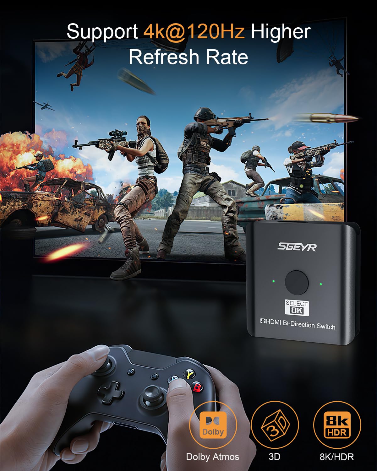 Sgeyr Hdmi Switch, 8K Hdmi Switcher 2 In 1 Out,Hdmi 2.1 Switch Selector,Aluminum Hdmi 2.1 Splitter Bi Directional Ultra Hd, Support 8K@60Hz,48Gbps, Compatible With Ps5/4,Xbox,Roku