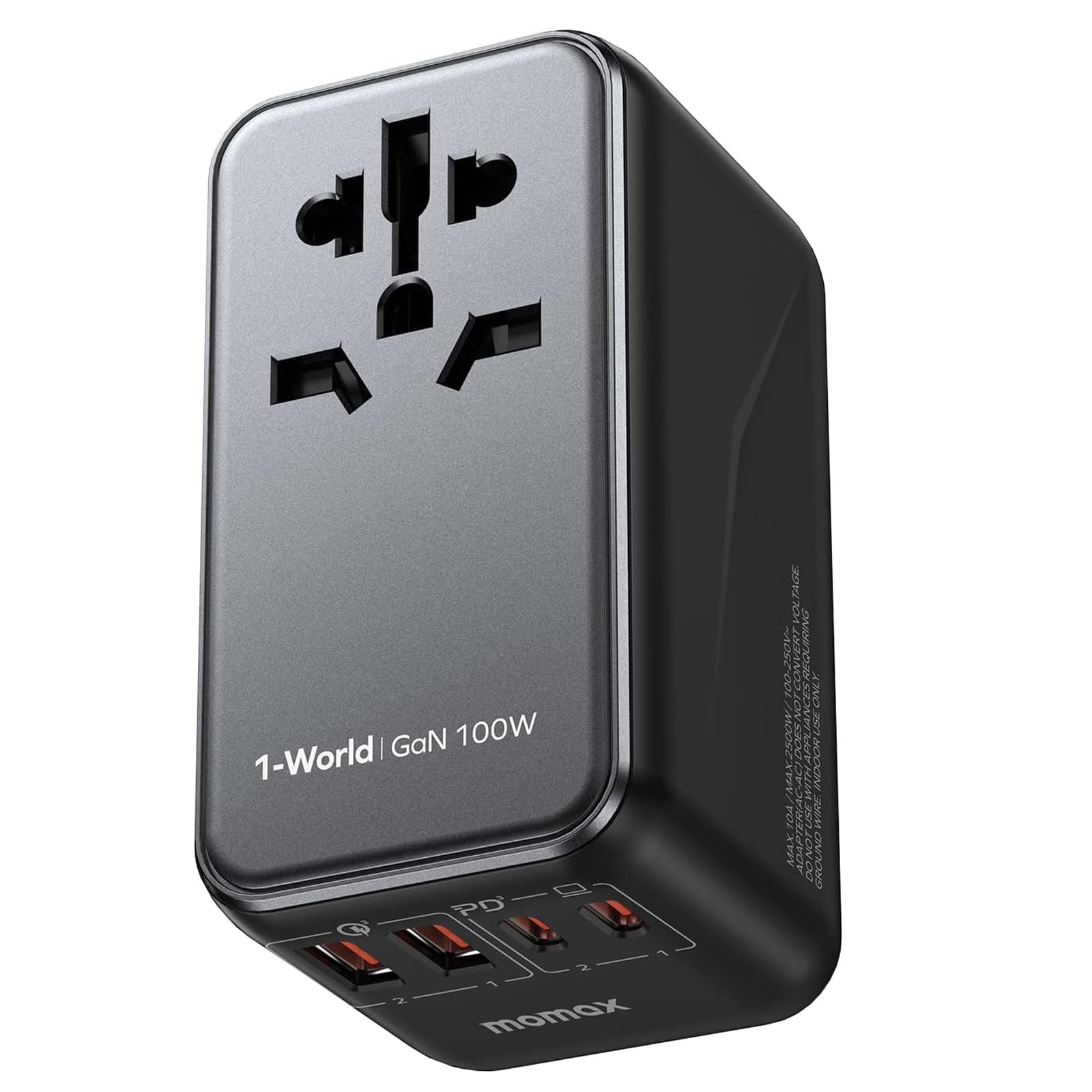 MOMAX Universal Travel Adapter, 100W Fast GaN International Power Adapter, 2PD USB-C+2QC USB-A Travel Adapter, US, UK, EU, AU Tr