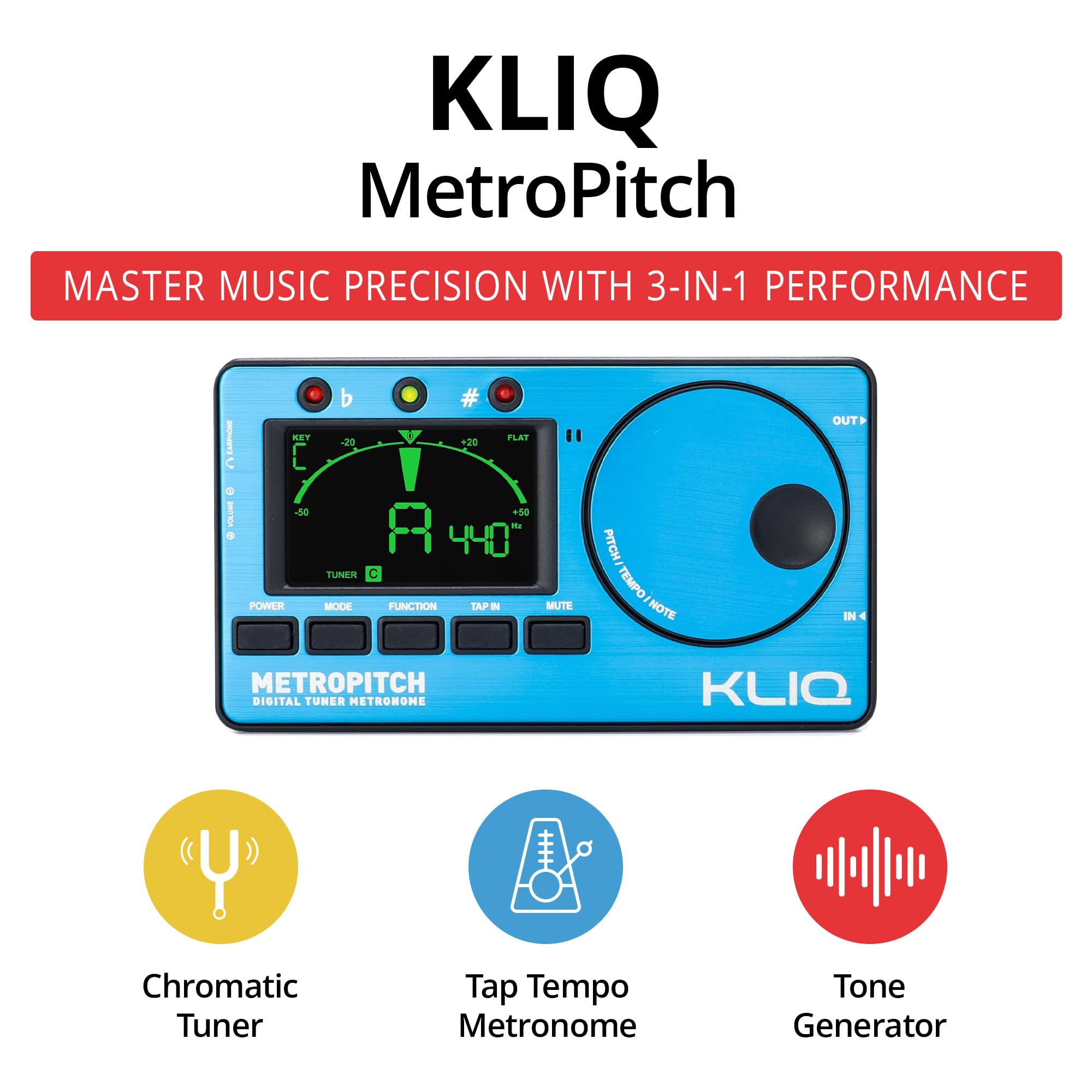 KLIQ MetroPitch Metronome Tuner - Guitar, Bass, Violin, Ukulele - Blue - Model MetroPitch-BK - Metal & Plastic