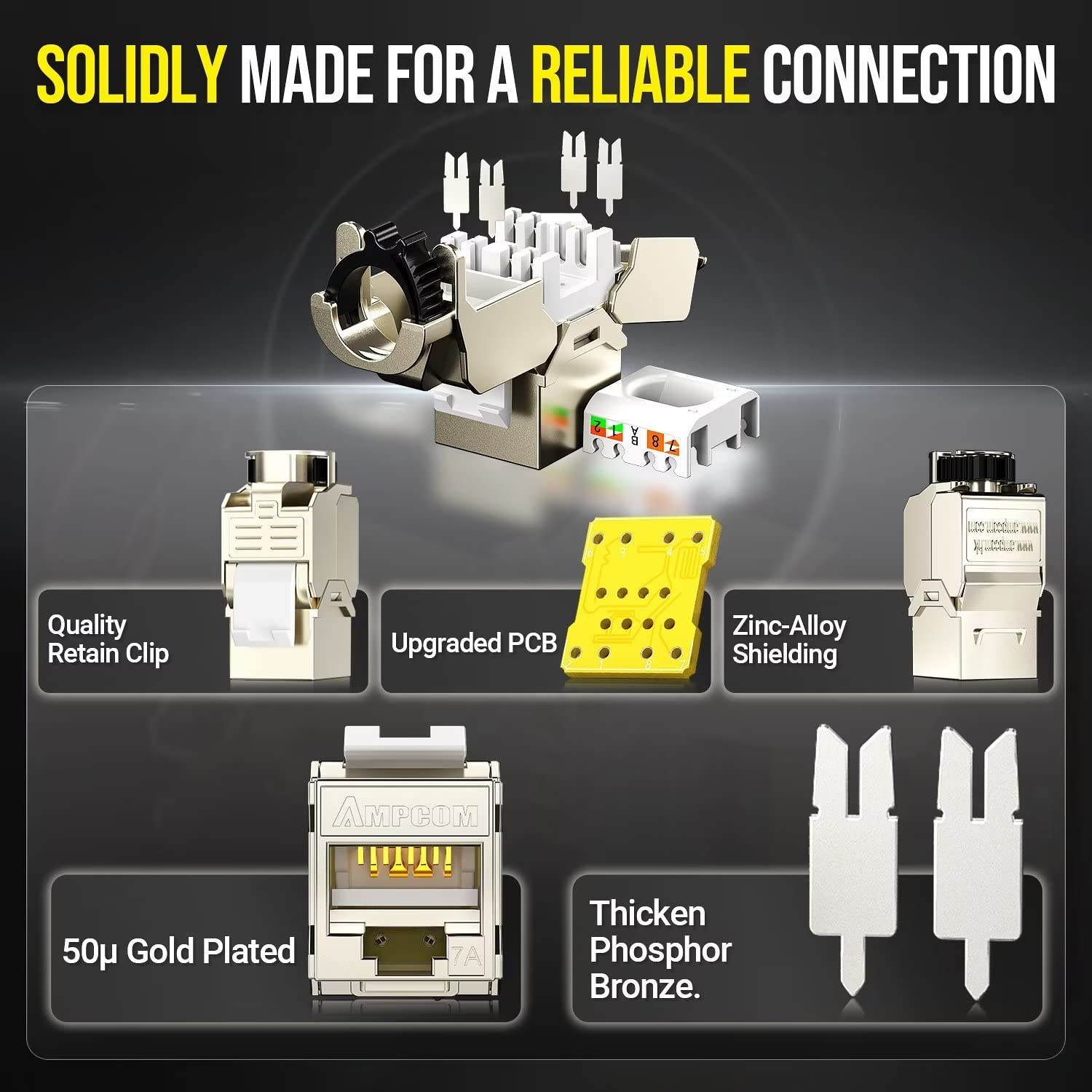 Ampcom Cat7A Keystone Jack Ratchet Zip Tie Design, 10Gbps 1000Mhz Shielded Zinc Alloy Rj45 Tool Free Keystone Connector 6 Pack