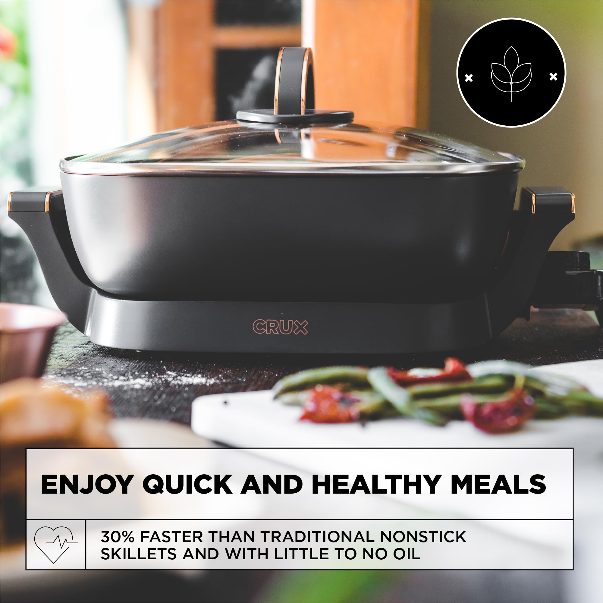 Crux Electric Skillet With Glass Lid   Nonstick Scratch Resistant Ceramic Pan, Extra Deep With Removable Temperature Probe, 12' X 12', 1400 Watts, Pfoa & Ptfe Free