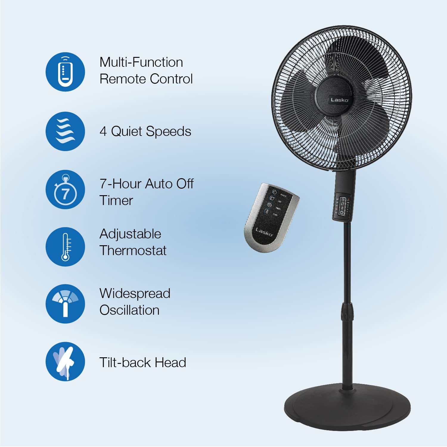 Lasko Oscillating Pedestal Fan, Thermostat, Adjustable Height, Remote Control, Timer, 4 Speeds, For Bedroom, Living Room, Office & Dorm, 16', Black, S16612