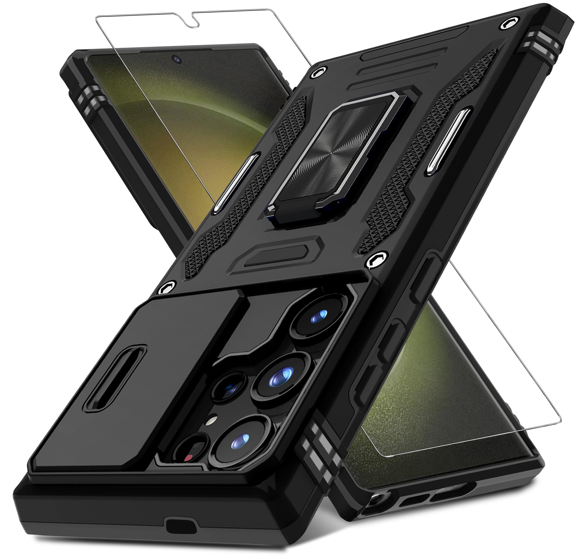 Deerlamn Case For Samsung Galaxy S24 Ultra With Slide Camera Cover+Screen Protector (1 Pack), Rotated Ring Kickstand Military Gr