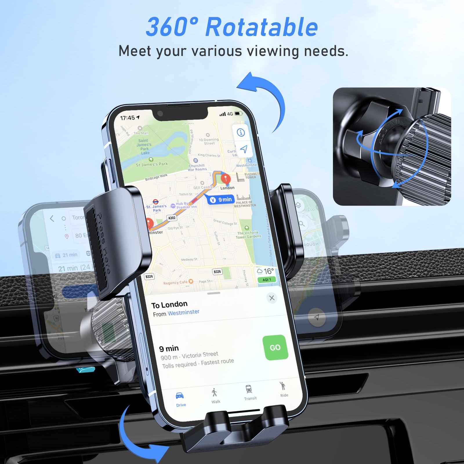 Car Phone Holder Mount, Super Stable Air Vent Cell Phone Car Mount With 2025 Metal Hook Clip, 360 Rotation,One Button Release Fo