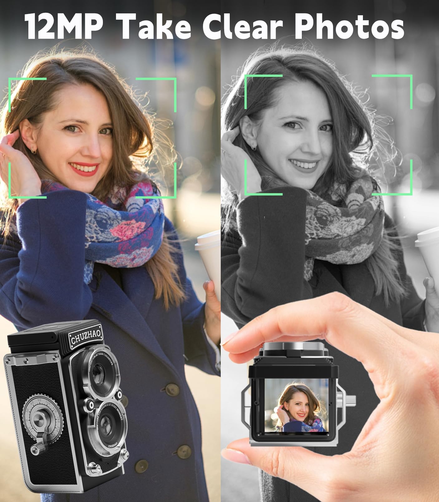 Chuzhao Vintage Mini Digital Camera, Portable Tlr Style Retro Point And Shoot Compact Small Pocket 1080P Fhd Video 12Mp Autofocu