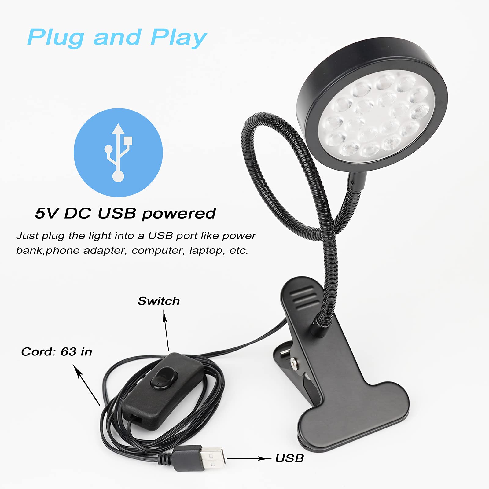 Greenic Usb Black Light Lamp, 5V 5W 395Nm Uv Led Blacklight With Gooseneck And Clamp For Art Resin Curing, Gel Nail, Poster, Glu