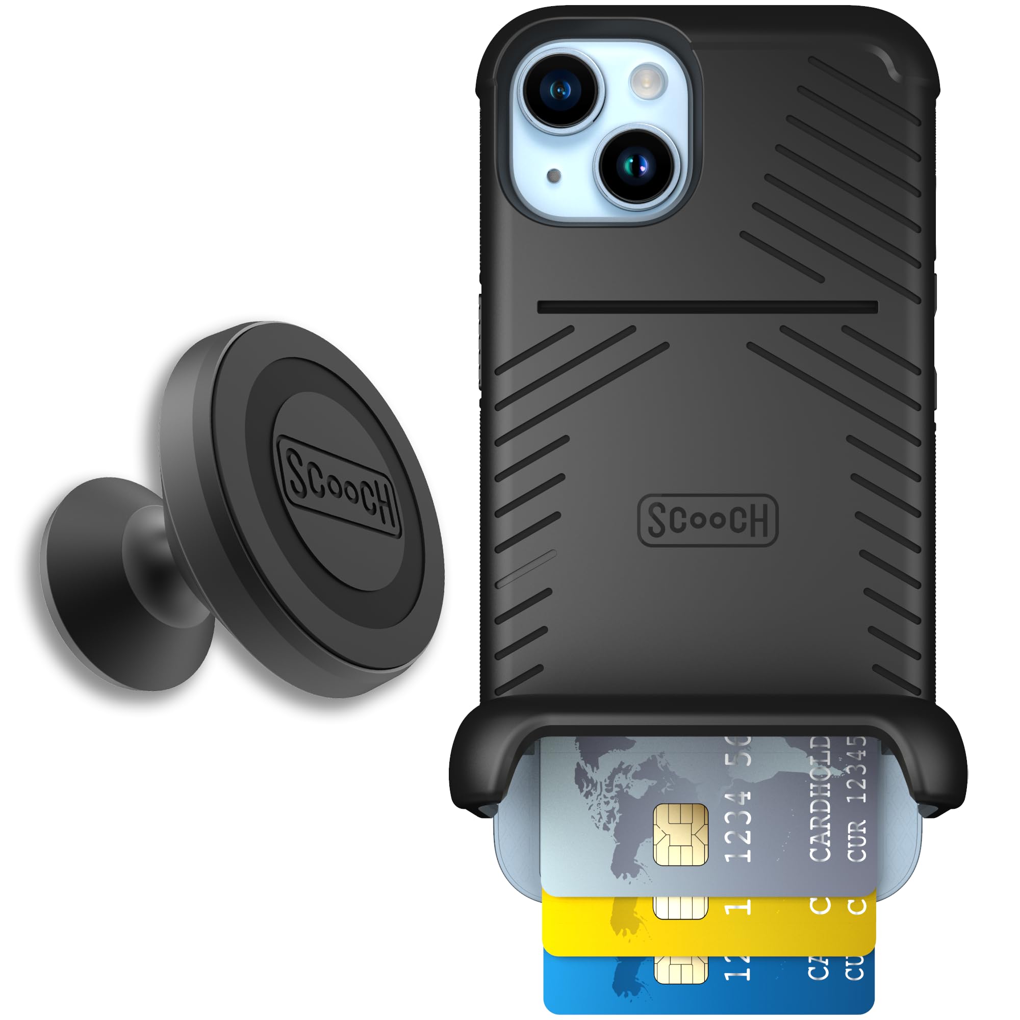 Scooch for iPhone 14 Case with Card Holder, Wingmate Wallet Case Black, Bundled with Wingmount Magnetic Car Mount