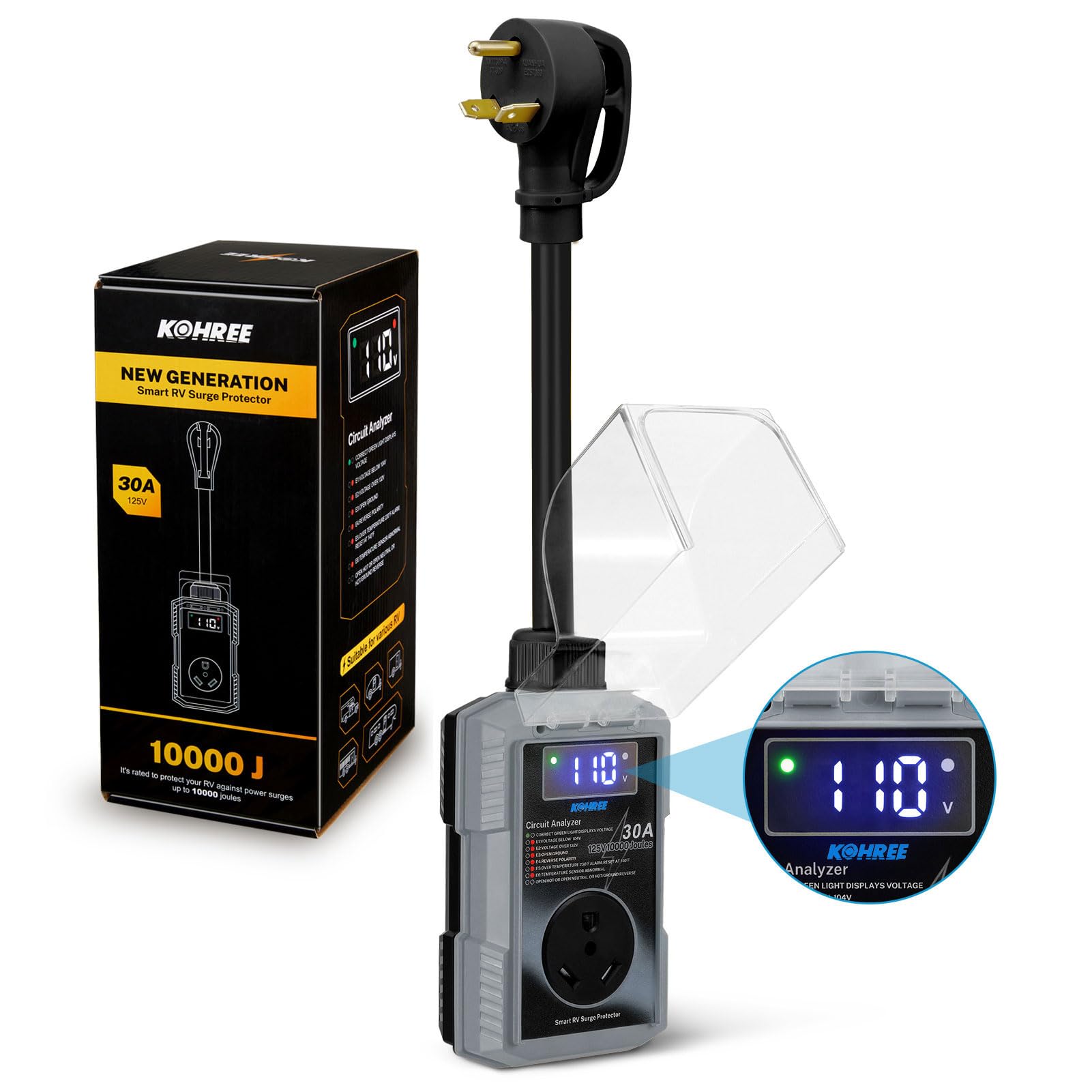 Kohree Rv Surge Protector 30 Amp 10000 Joules With High/Low Voltage Protection, Smart 30 Amp Rv Surge Protector Waterproof, Circ