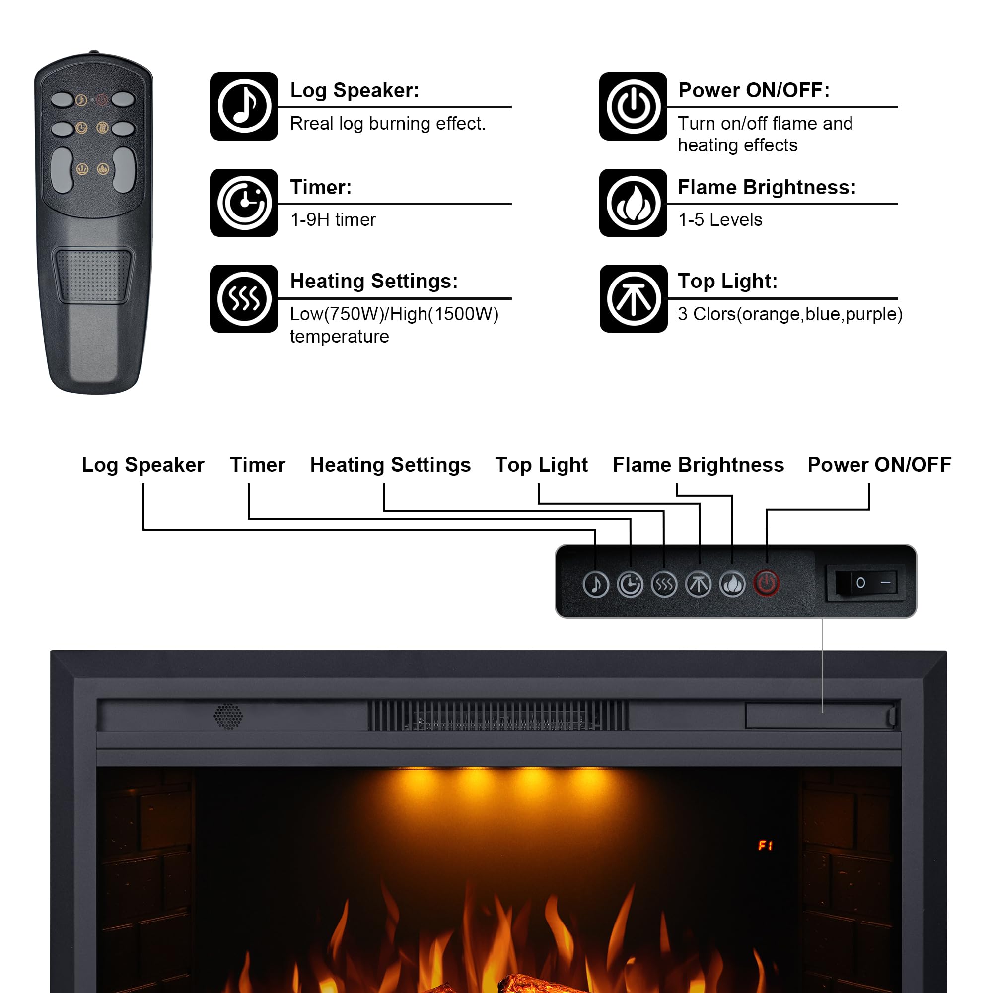 Valuxhome Electric Fireplace, 40 Inches Fireplace Insert, Electric Heater With Overheating Protection, Fire Crackling Sound, Rem