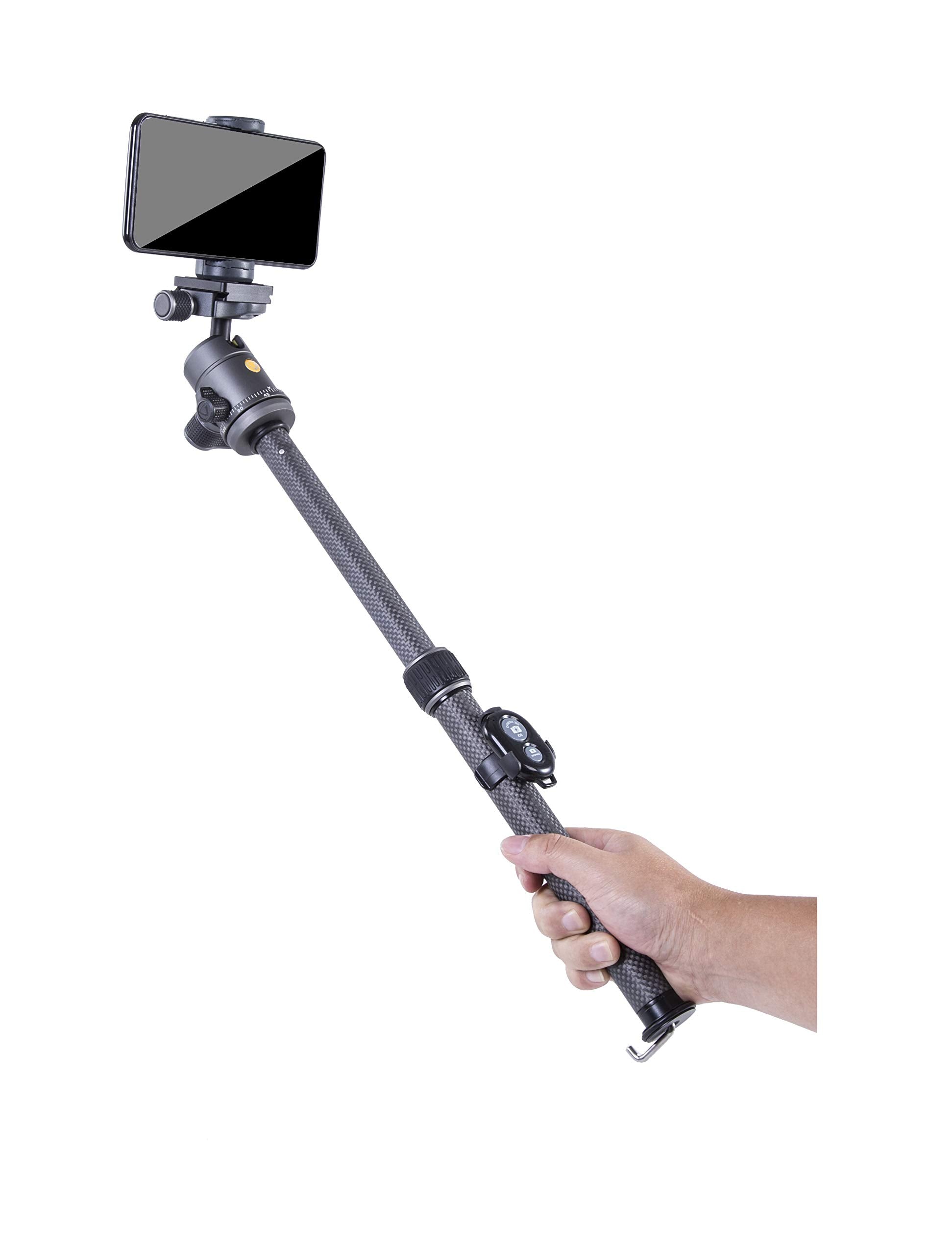 Vanguard Veo3Go265Hcb Compact Carbon Fiber Travel Tripod With Ball Head, Monopod Option, Smart Phone Holder And Bluetooth Remote