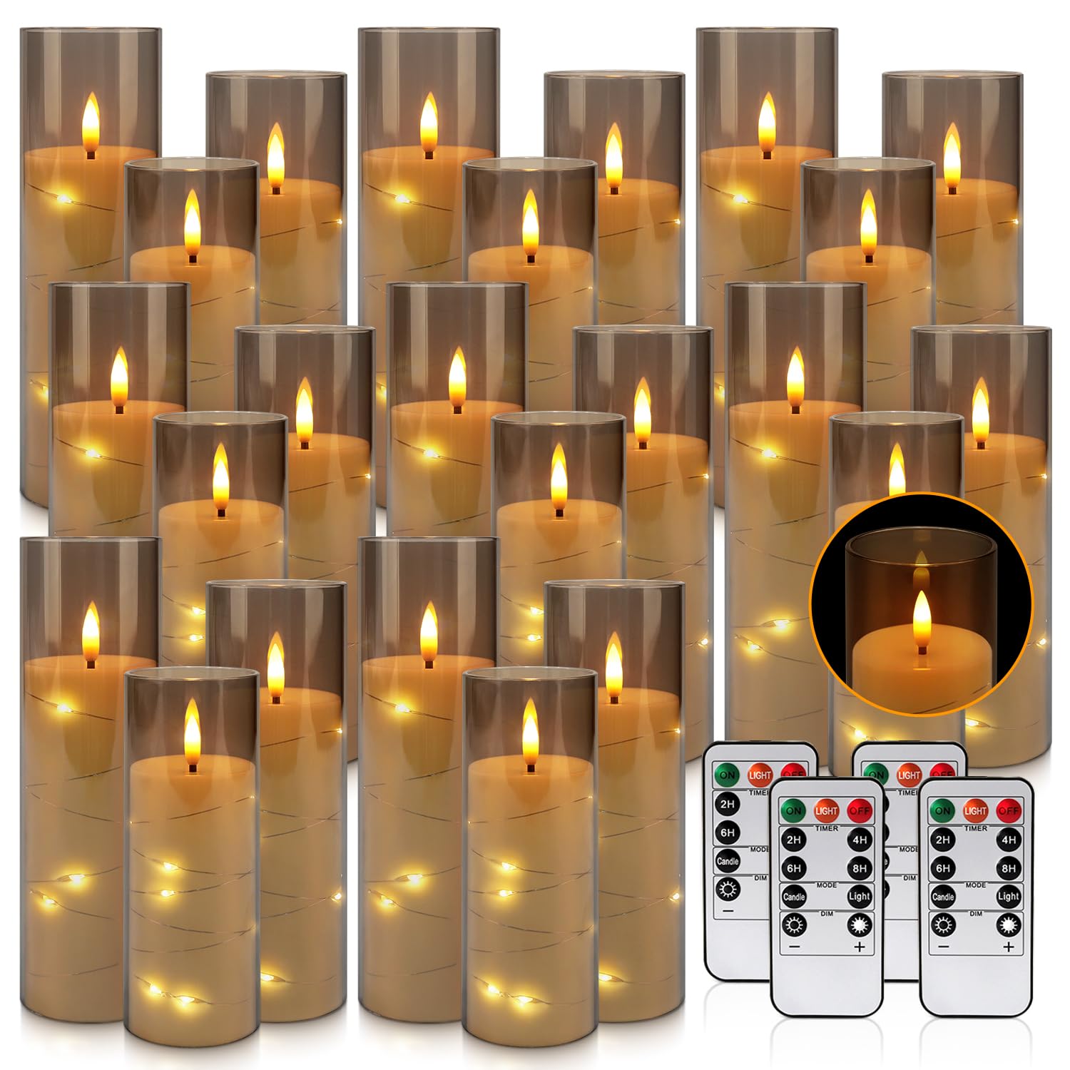 24-Pack Gray Flameless Candles with Remote Control, Battery-Powered LED Candles with Embedded Star String Lights & Realistic Fli